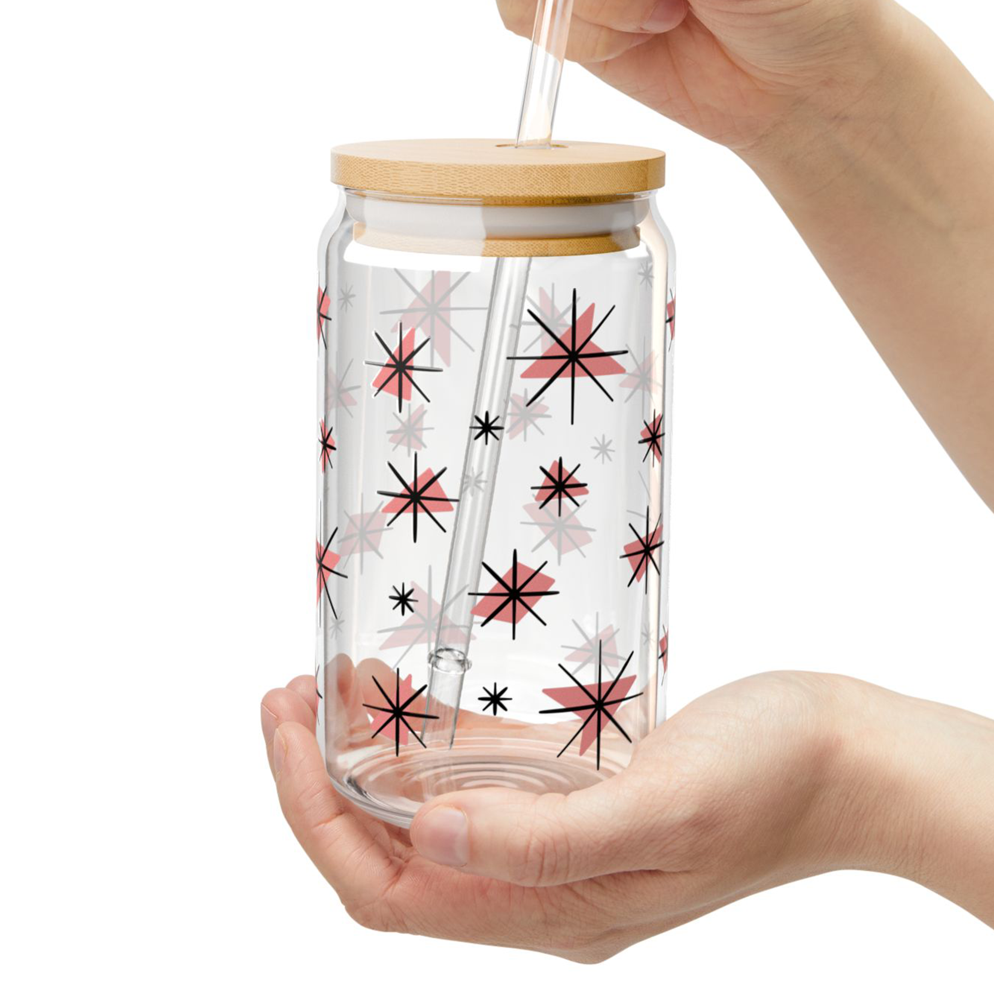 Retro Stars Glass Can Tumbler in Coral product thumbnail image Retro Stars Glass Can Tumbler in Coral product thumbnail image