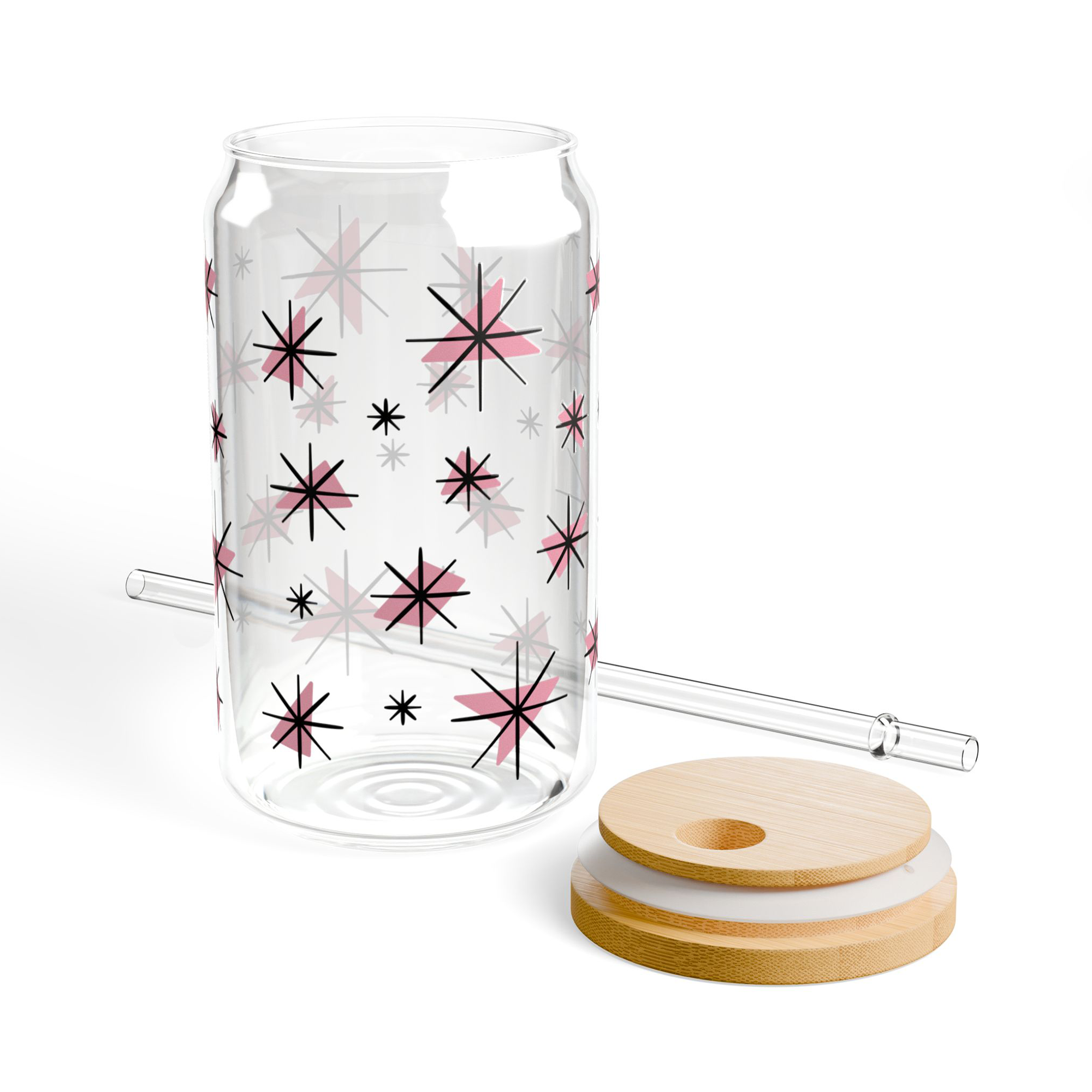 Retro Stars Glass Can Tumbler in Flamingo product thumbnail image Retro Stars Glass Can Tumbler in Flamingo product thumbnail image