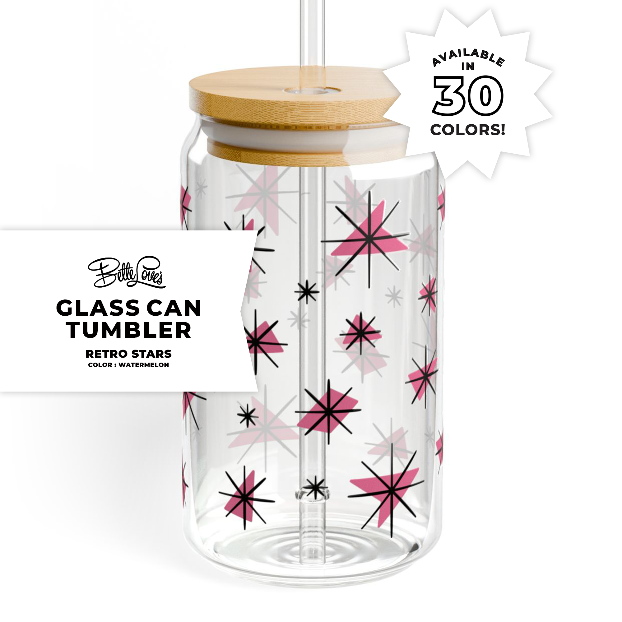 Retro Stars Glass Can Tumbler in Watermelon product thumbnail image Retro Stars Glass Can Tumbler in Watermelon product thumbnail image