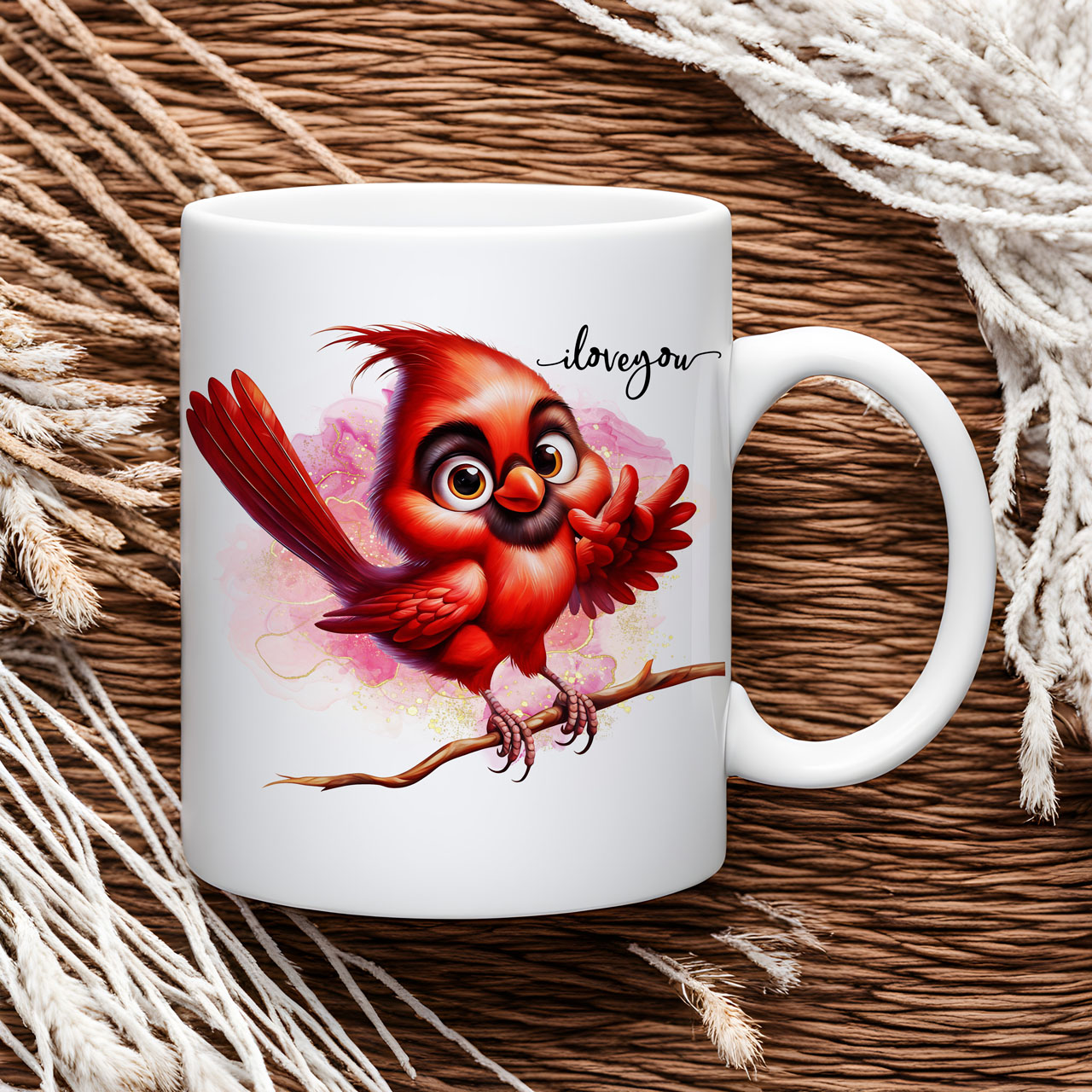 Red Cardinal Bird ILY American Sign Language ASL I Love You Ceramic Mug, (11oz, 15oz)