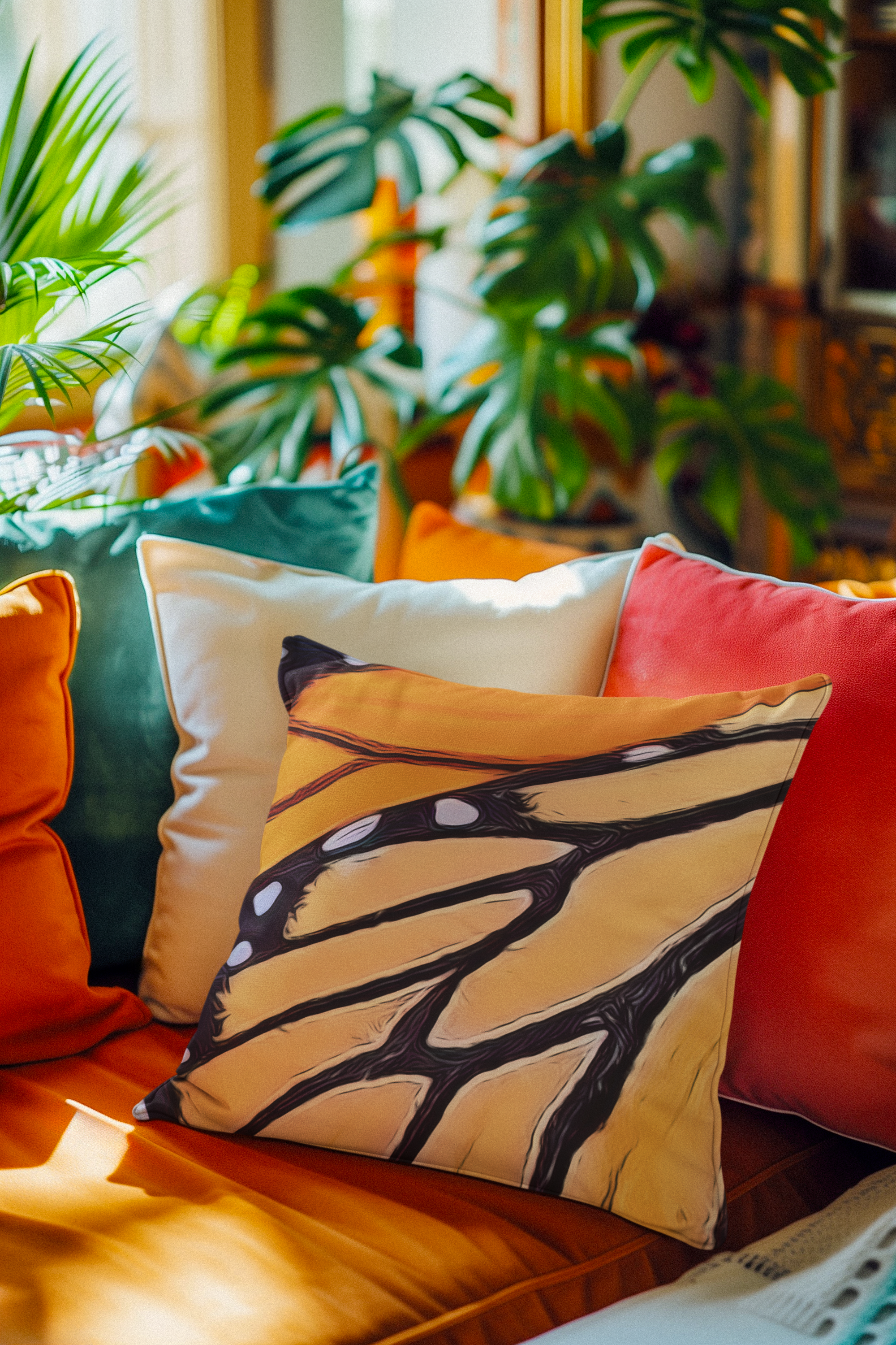 Monarch Butterfly Square Pillow, Designer Pillow, Orange Yellow Pillow, Throw Pillow, Abstract Pattern Pillow, Butterfly Pillow, For Him Her