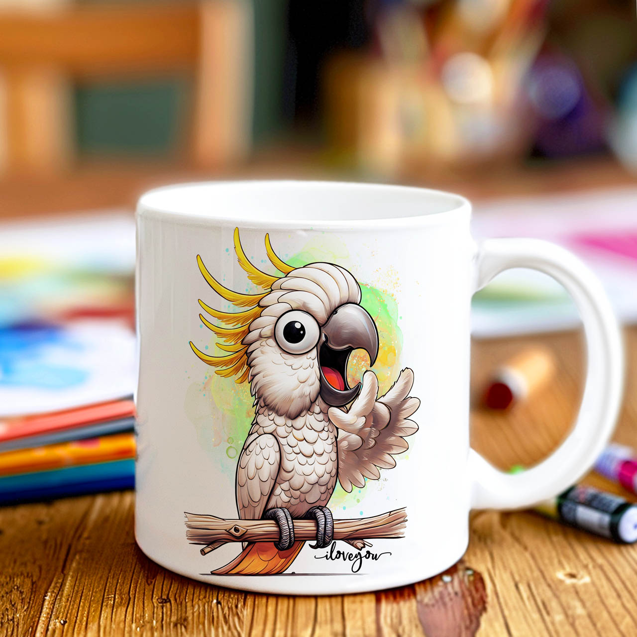 Beautiful Sulphur-Crested Cockatoo ILY American Sign Language ASL I Love You Ceramic Mug, (11oz, 15oz) product thumbnail image