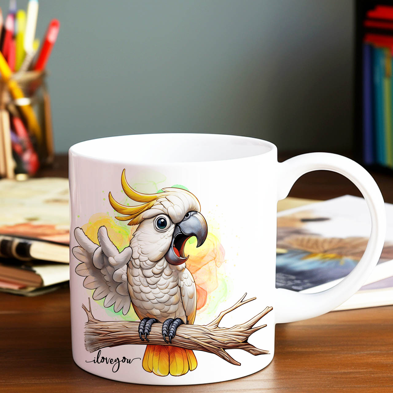 Beautiful Sulphur-Crested Cockatoo ILY American Sign Language ASL I Love You Ceramic Mug, (11oz, 15oz) product thumbnail image