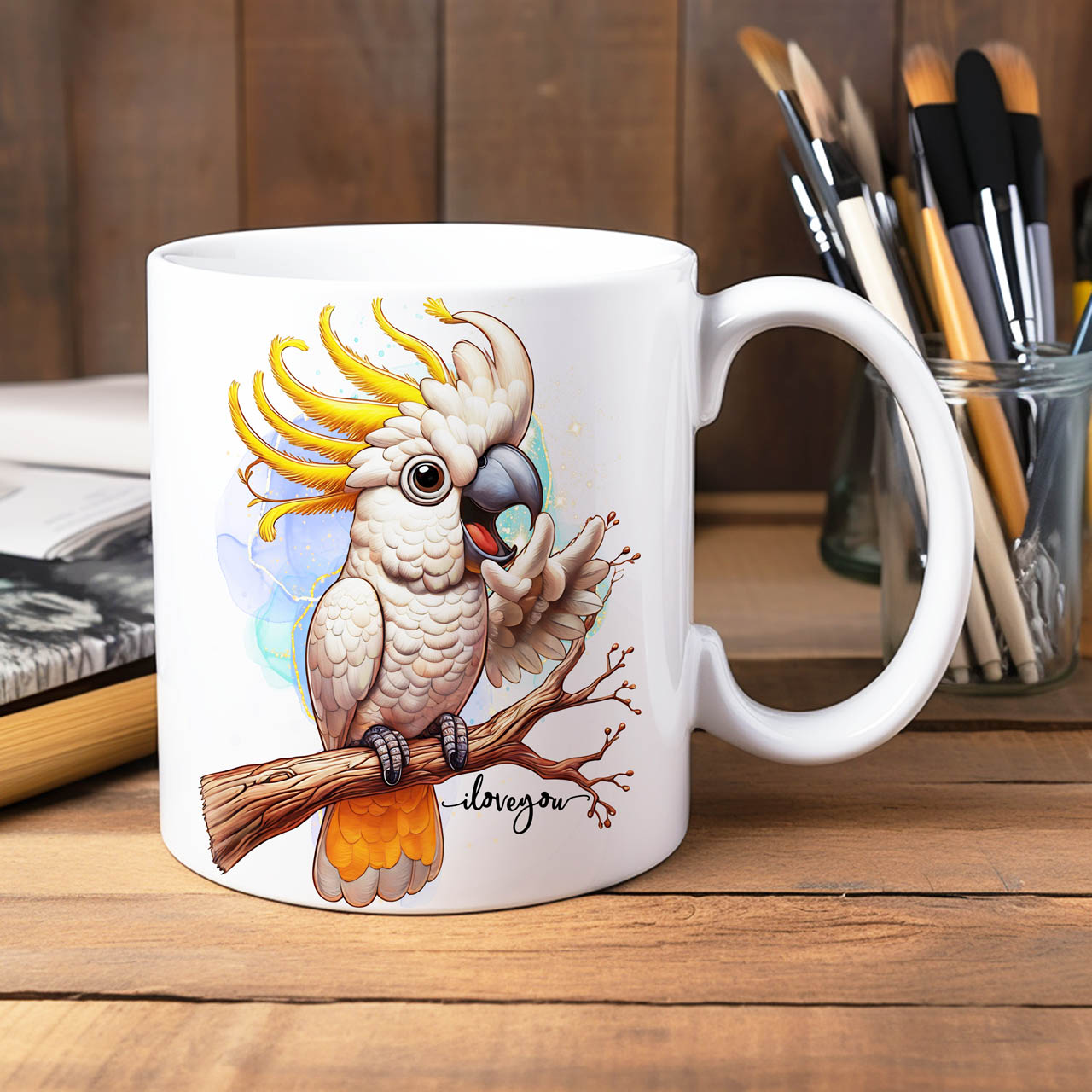 Beautiful Sulphur-Crested Cockatoo ILY American Sign Language ASL I Love You Ceramic Mug, (11oz, 15oz) product thumbnail image