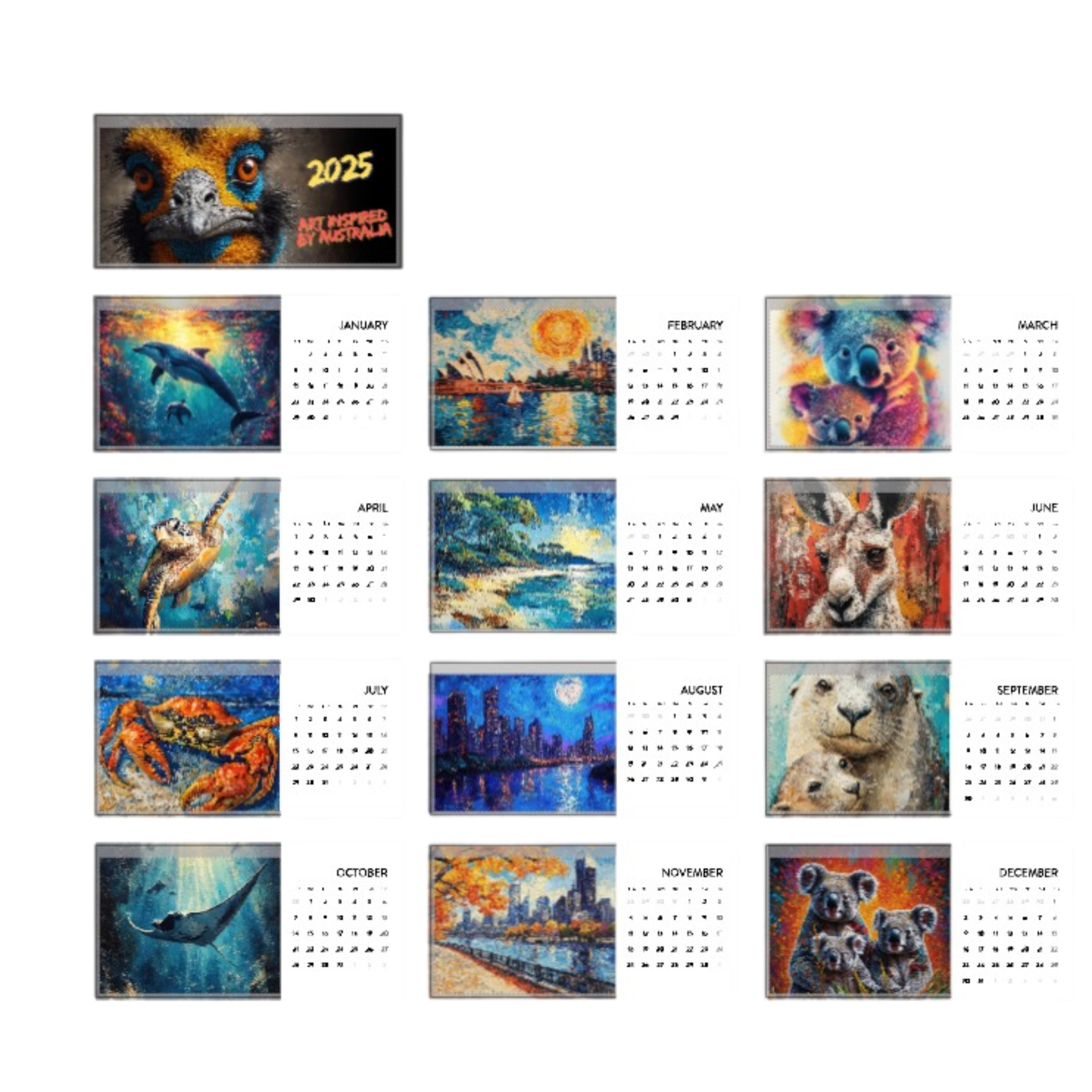 AU 2025 Art-Inspired Calendar – Unique Australian Wildlife and Scenery AU 2025 Art-Inspired Calendar – Unique Australian Wildlife and Scenery