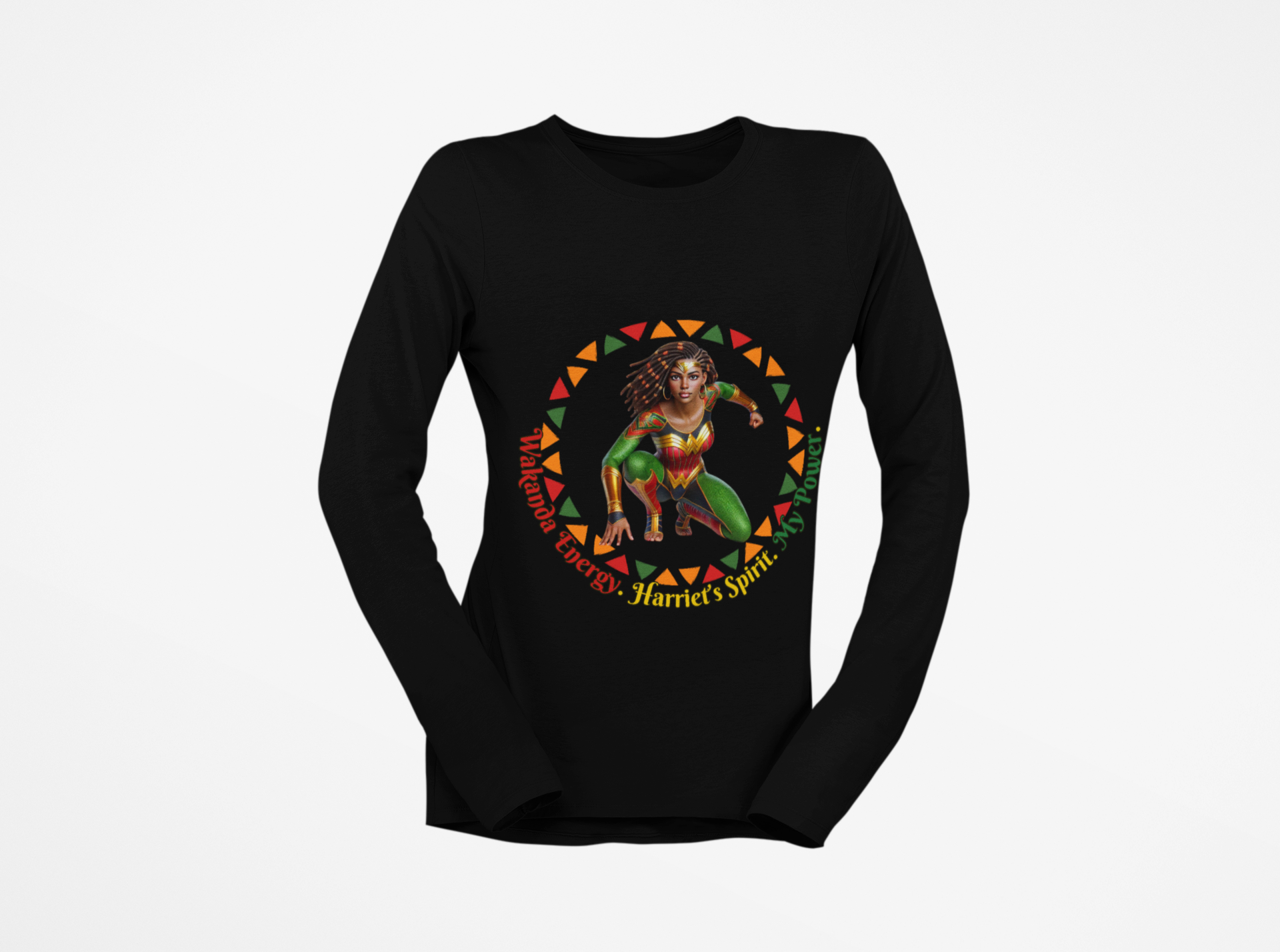 Long Sleeve Tee - Black Female Superhero - Wakanda Energy Harriet’s Spirit My Power product thumbnail image Long Sleeve Tee - Black Female Superhero - Wakanda Energy Harriet’s Spirit My Power product thumbnail image