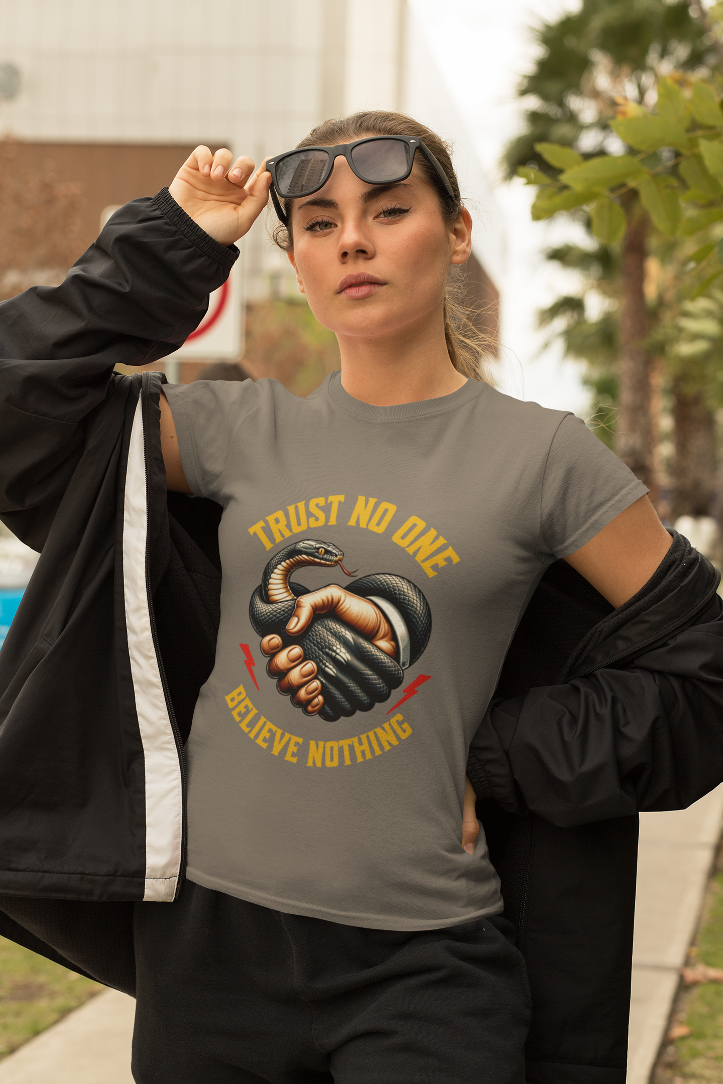 Trust No One, Bold Snake Handshake Design, Unisex Democracy T-Shirts, Goth Snake Image Shirt, Snake Image Shirt for Snake Lovers product thumbnail image