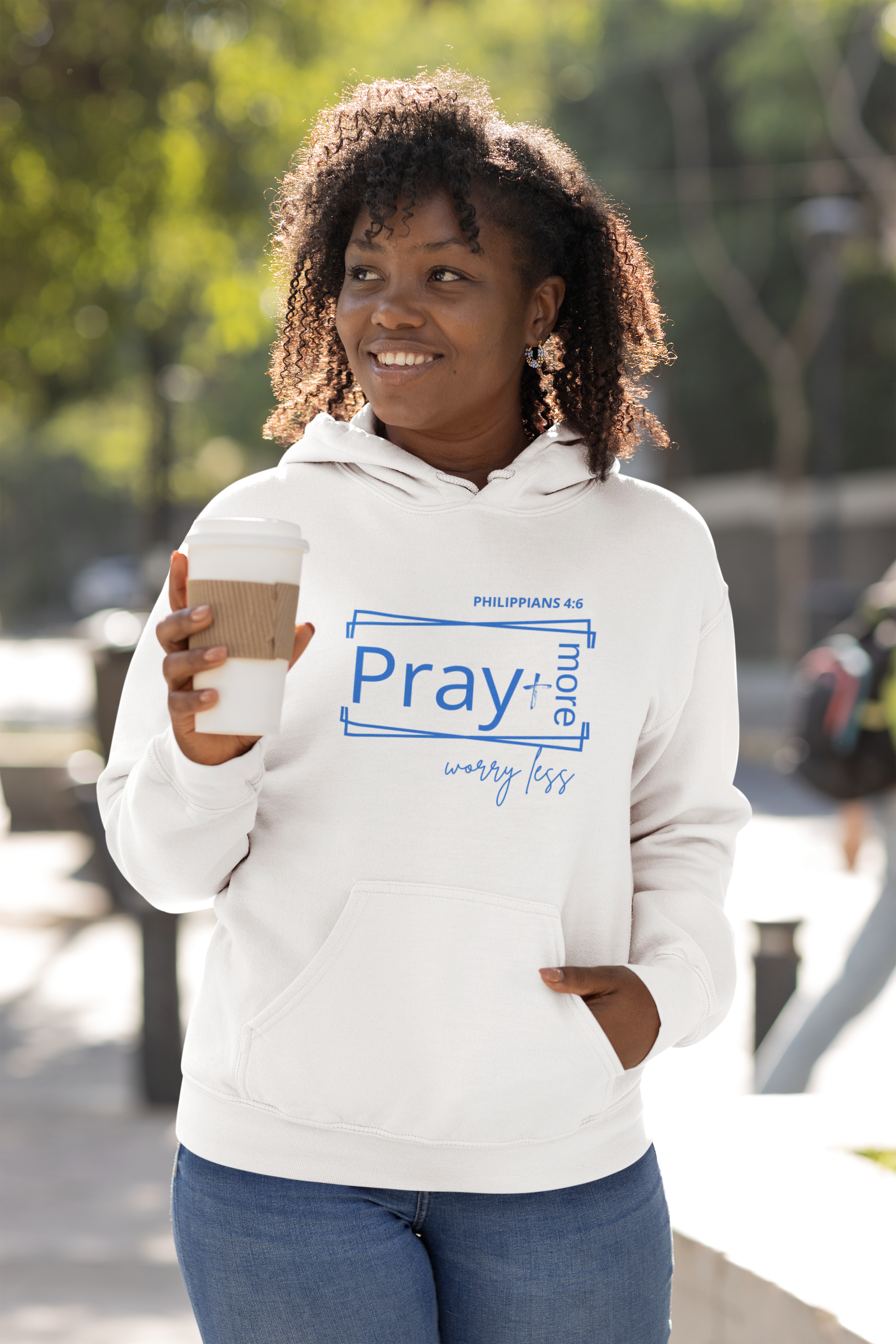 White &amp; Blue - Pray More Worry Less Unisex Hooded Sweatshirt