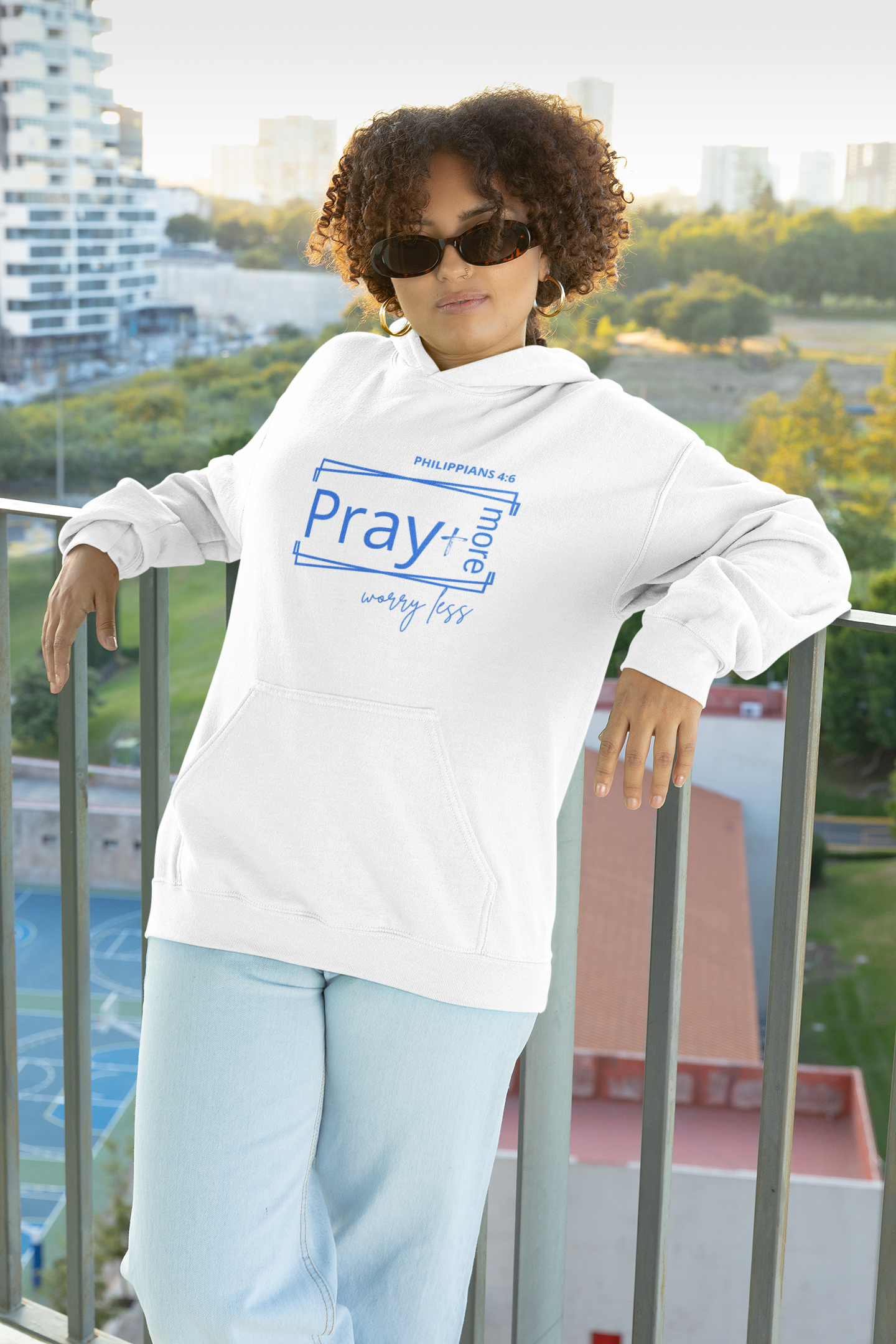 White & Blue - Pray More Worry Less Unisex Hooded Sweatshirt product thumbnail image White & Blue - Pray More Worry Less Unisex Hooded Sweatshirt product thumbnail image