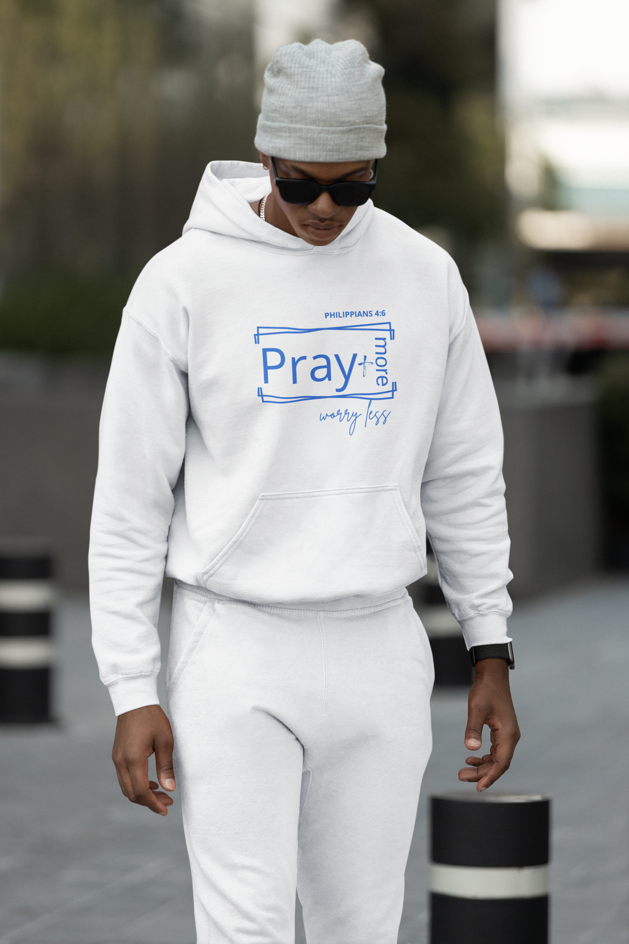 White & Blue - Pray More Worry Less Unisex Hooded Sweatshirt product thumbnail image White & Blue - Pray More Worry Less Unisex Hooded Sweatshirt product thumbnail image