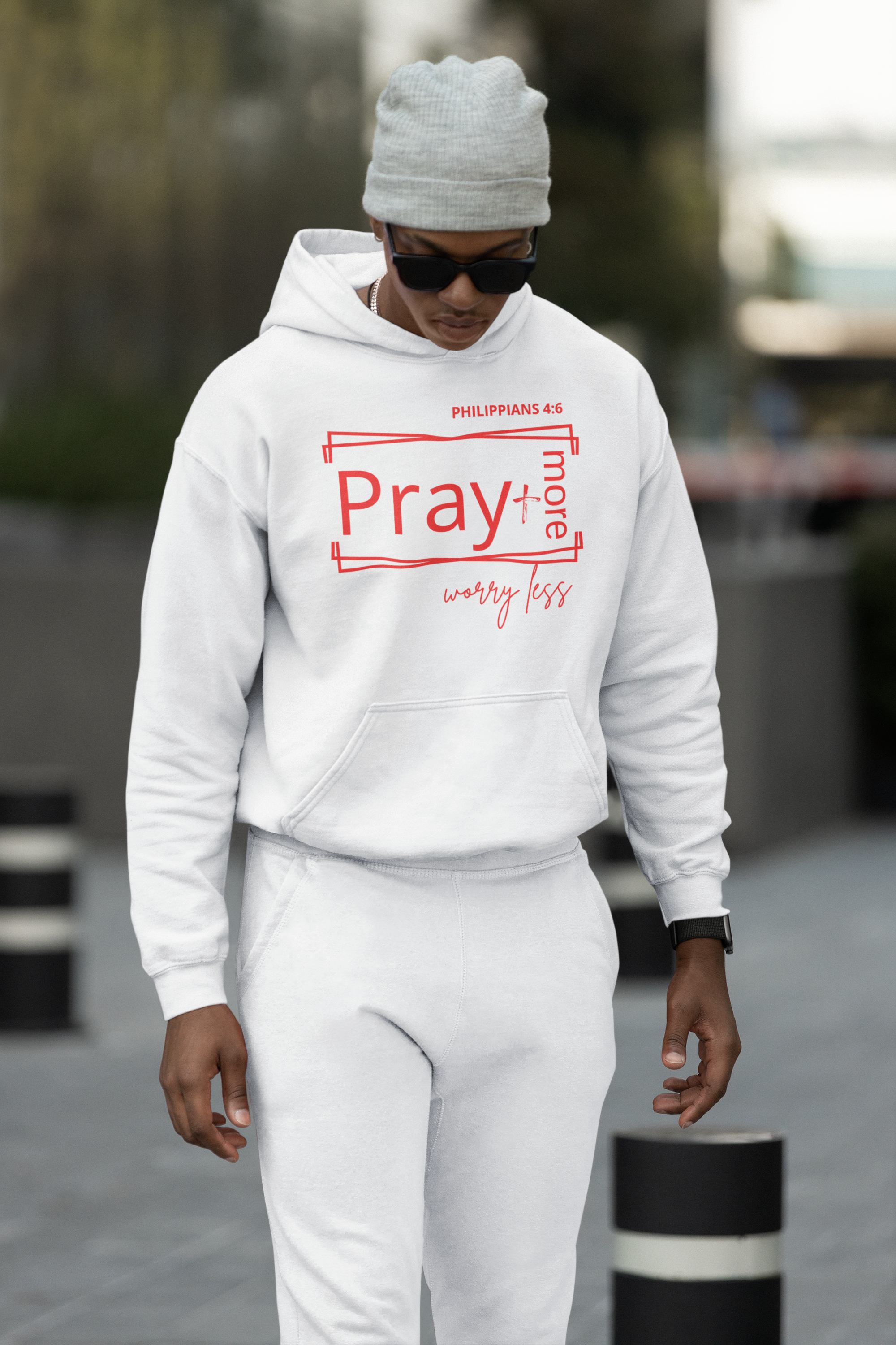 White &amp; Red - Pray More Worry Less Unisex Hooded Sweatshirt product thumbnail image
