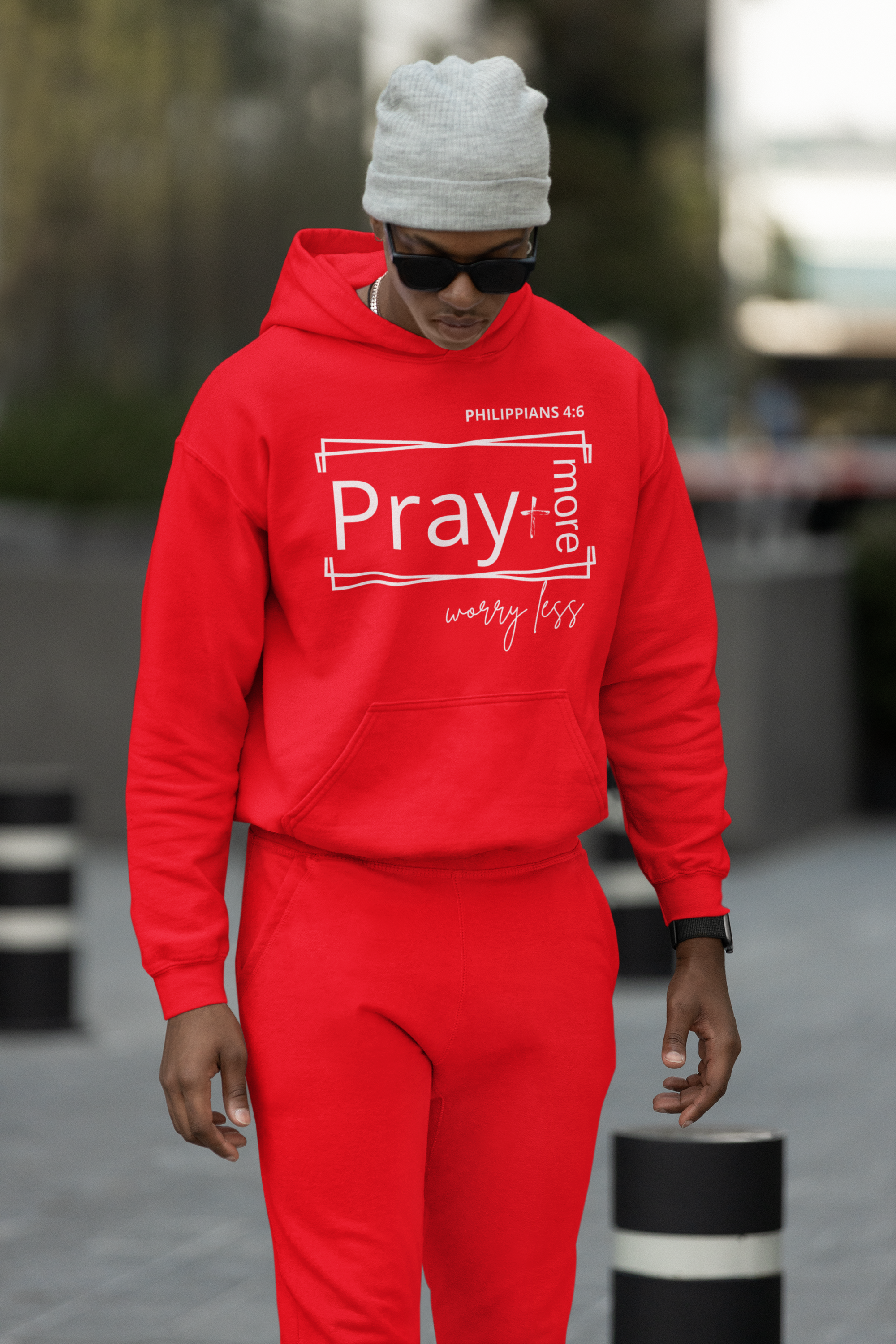 Red & White - Pray More Worry Less Unisex Hooded Sweatshirt product thumbnail image Red & White - Pray More Worry Less Unisex Hooded Sweatshirt product thumbnail image