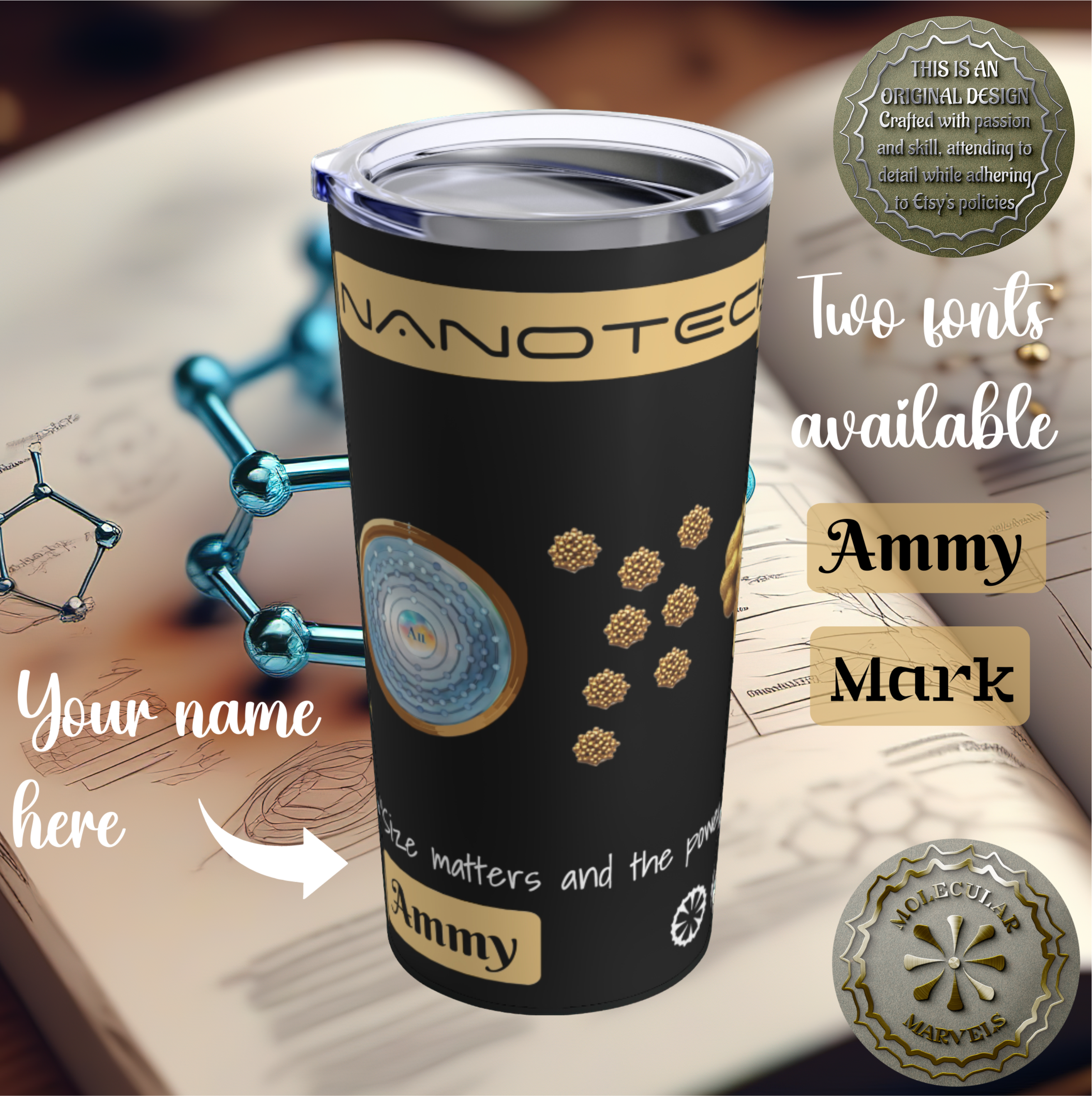 Personalized Nanotechnology Tumbler 20oz- Science Lover Gift - 15oz Mug- Nanogold A - Gold nanoparticles - researcher gift- nano science