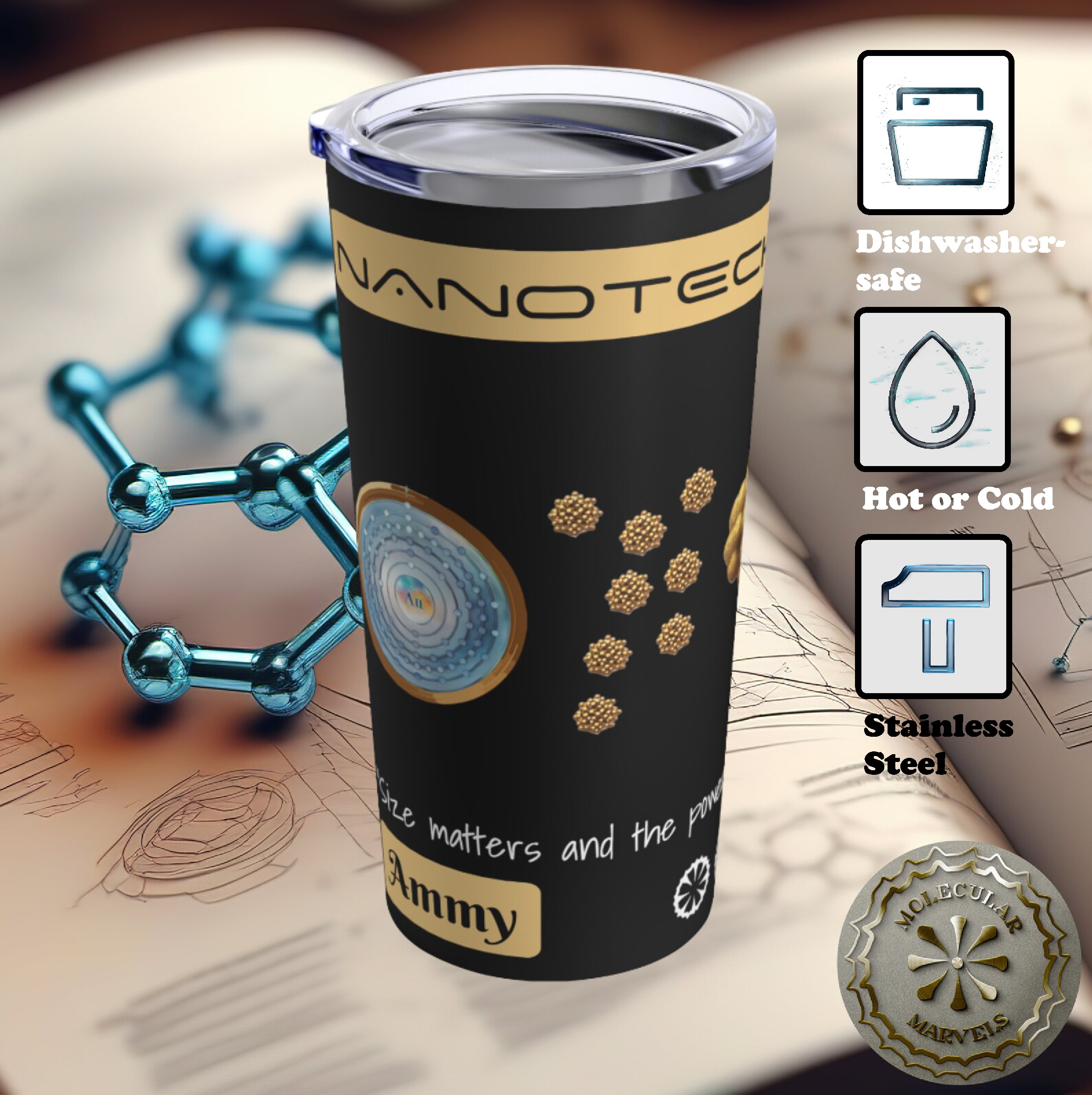 Personalized Nanotechnology Tumbler 20oz- Science Lover Gift - 15oz Mug- Nanogold A - Gold nanoparticles - researcher gift- nano science product thumbnail image