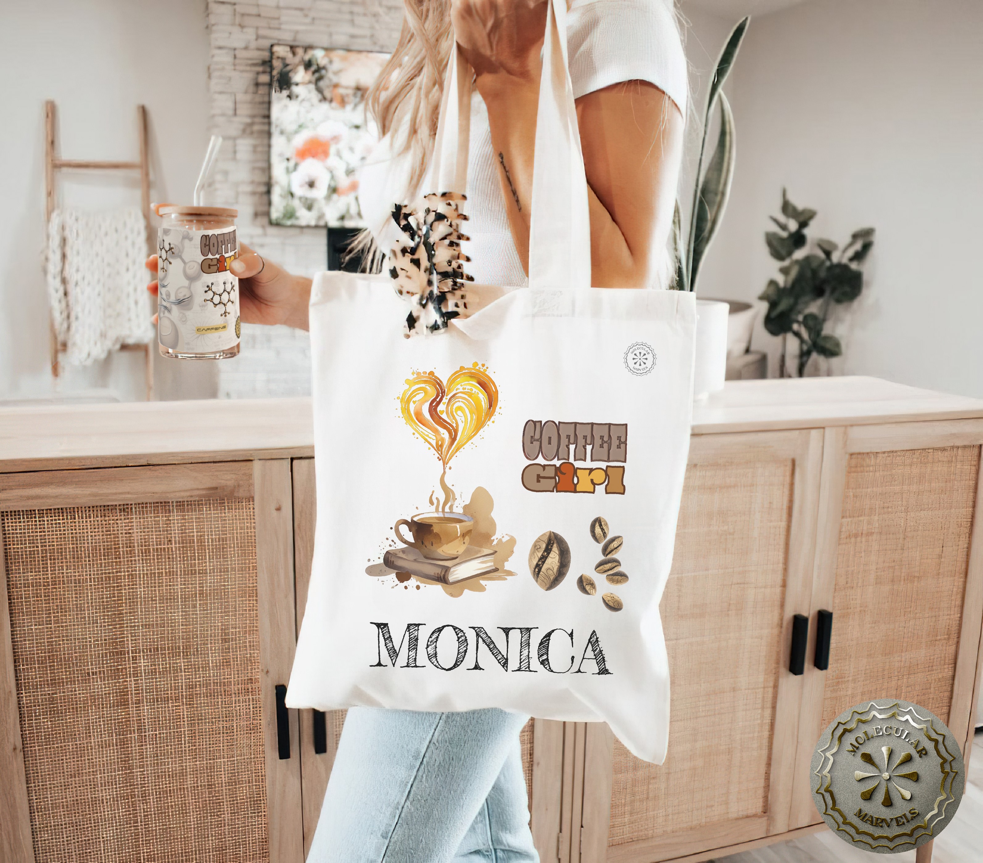 Coffee Girl Personalized Canvas Tote Bag, TWO SIDES printed, caffeine Tote Bag, Birthday gift for her, for mom, mom's day gift, product thumbnail image Coffee Girl Personalized Canvas Tote Bag, TWO SIDES printed, caffeine Tote Bag, Birthday gift for her, for mom, mom's day gift, product thumbnail image