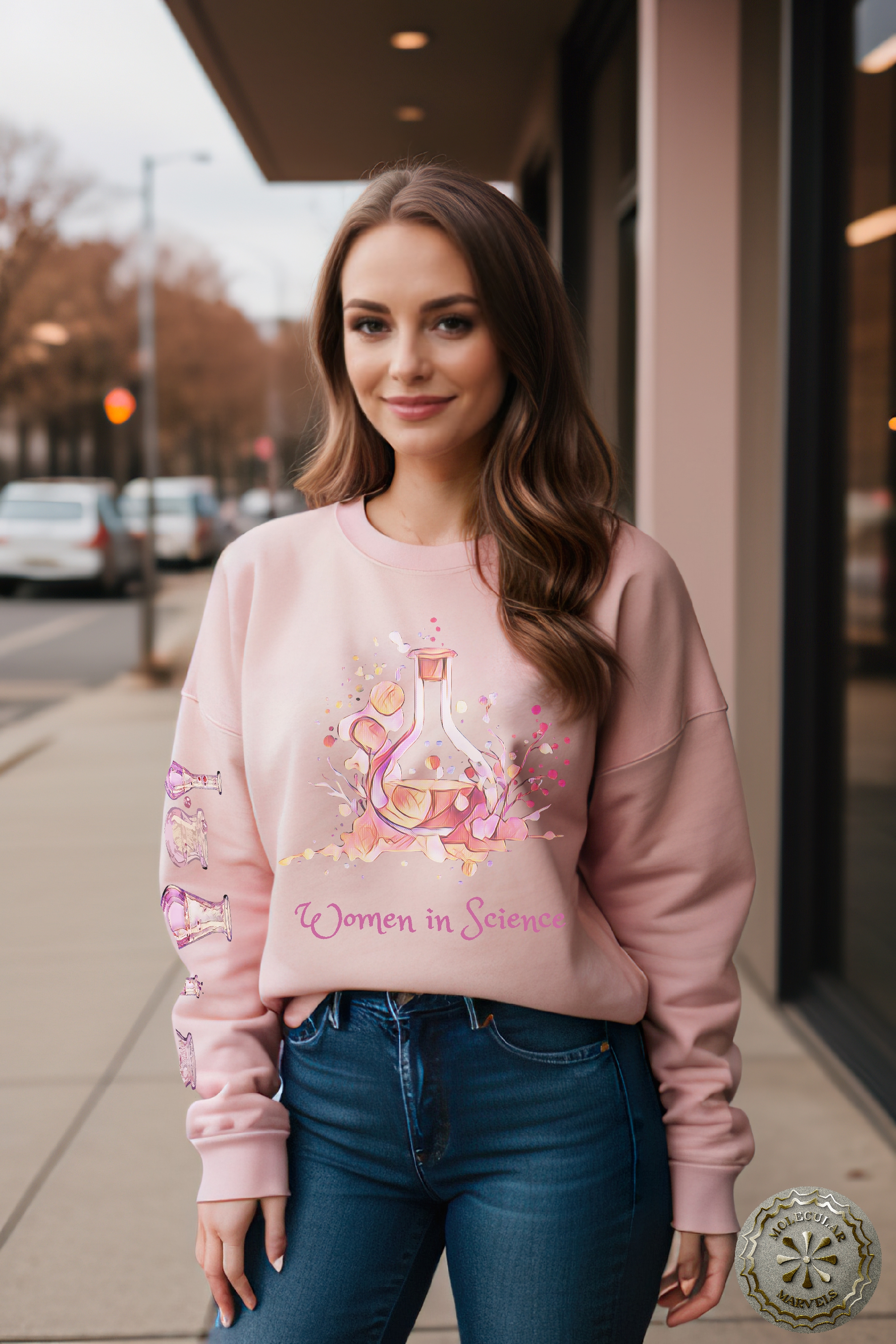 Women in Science Crewneck Sweatshirt Pink design, science Elegance, science style, science gift, daughter student gift, science girl product thumbnail image Women in Science Crewneck Sweatshirt Pink design, science Elegance, science style, science gift, daughter student gift, science girl product thumbnail image