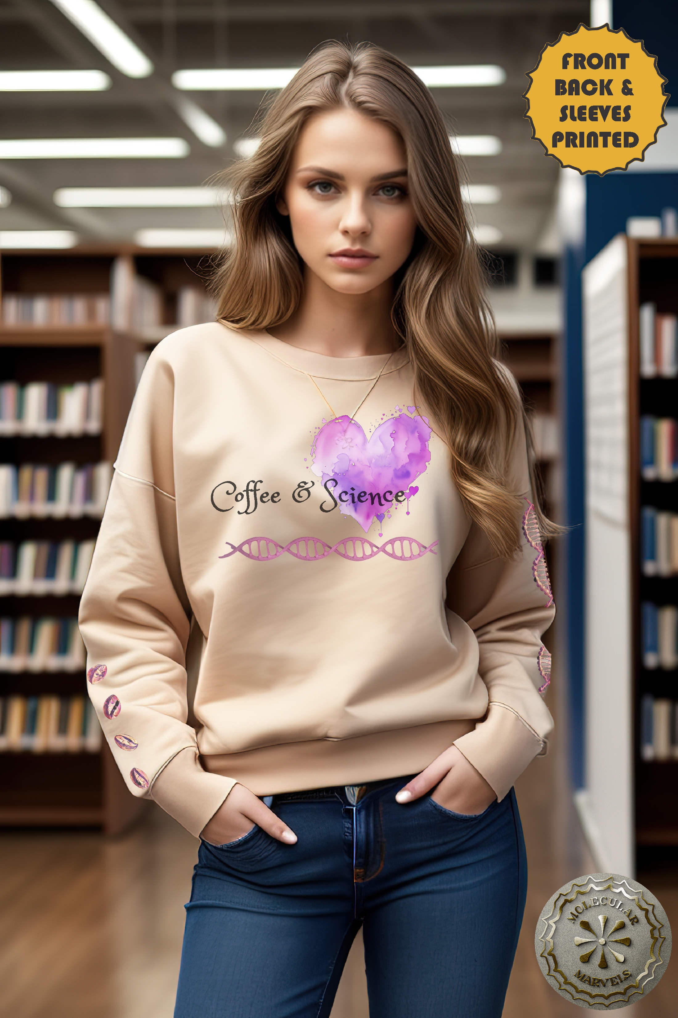 Coffee and Science Crewneck Sweatshirt Caffeine and DNA molecule liliac design, coffee lover, science Elegance, science style, science gift Coffee and Science Crewneck Sweatshirt Caffeine and DNA molecule liliac design, coffee lover, science Elegance, science style, science gift