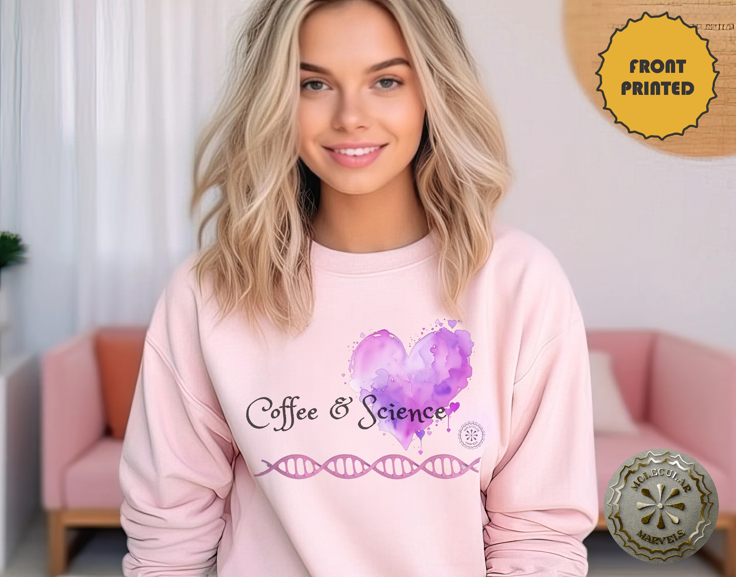 Coffee and Science Crewneck Sweatshirt Caffeine and DNA molecule liliac design, coffee lover, science Elegance, science style, science gift product thumbnail image Coffee and Science Crewneck Sweatshirt Caffeine and DNA molecule liliac design, coffee lover, science Elegance, science style, science gift product thumbnail image