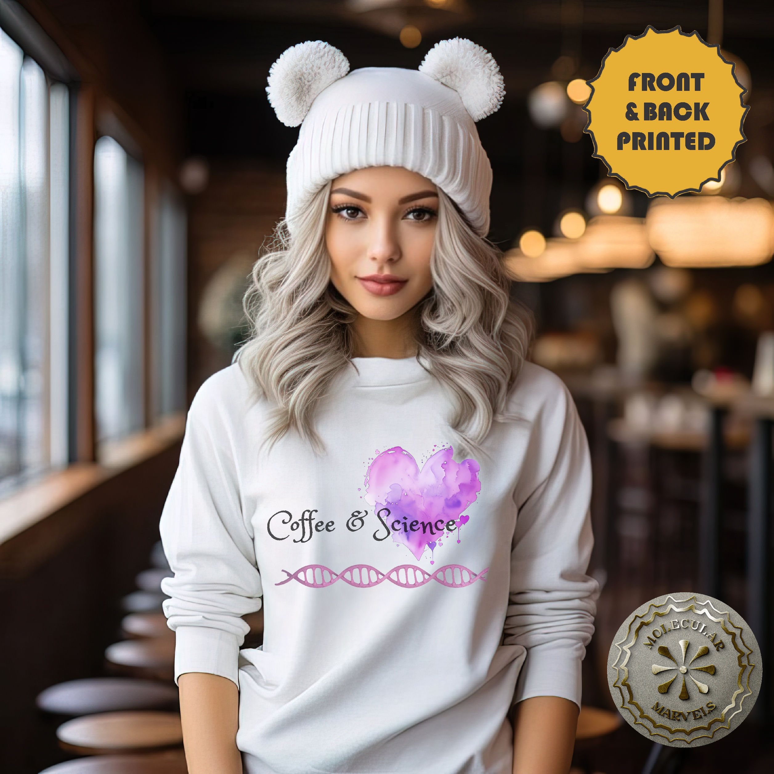 Coffee and Science Crewneck Sweatshirt Caffeine and DNA molecule liliac design, coffee lover, science Elegance, science style, science gift product thumbnail image Coffee and Science Crewneck Sweatshirt Caffeine and DNA molecule liliac design, coffee lover, science Elegance, science style, science gift product thumbnail image