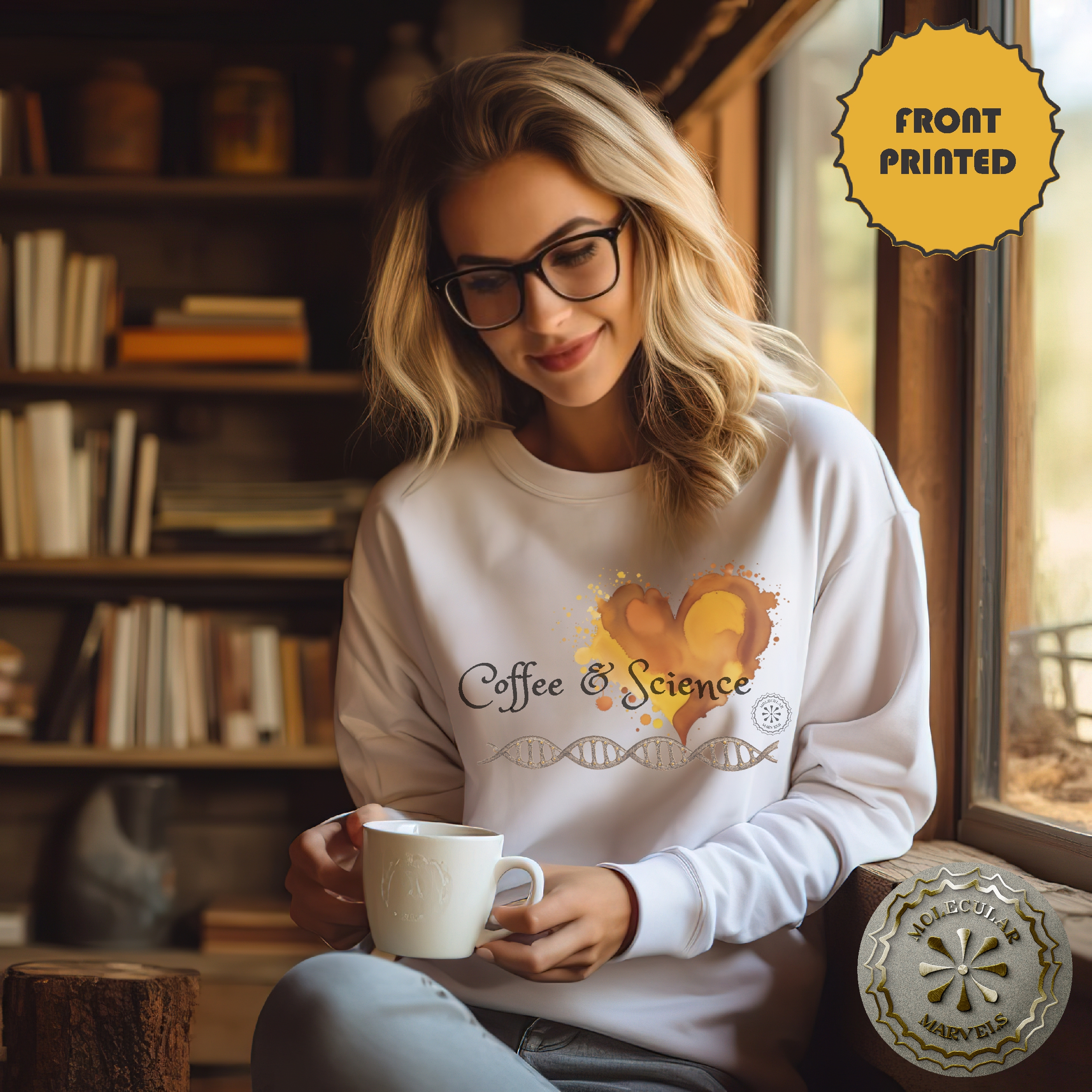 Coffee and Science Heavy Blend™ Crewneck Sweatshirt Caffeine and DNA molecule, coffee lover, science Elegance, science style, science gift product thumbnail image Coffee and Science Heavy Blend™ Crewneck Sweatshirt Caffeine and DNA molecule, coffee lover, science Elegance, science style, science gift product thumbnail image