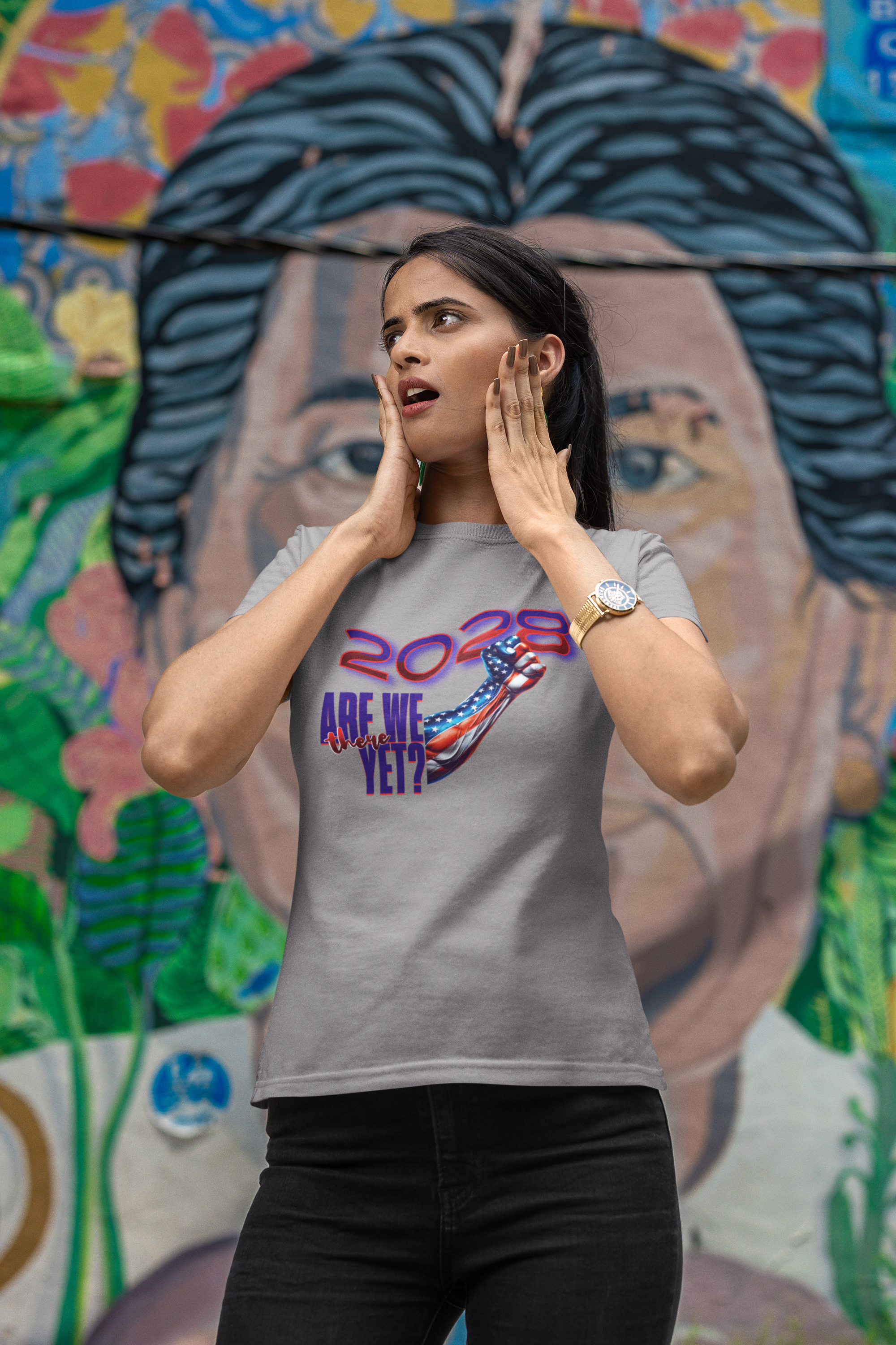 2028: Are We There Yet? - Patriotic Determination Design, American Flag Art, Political Statement Graphic Shirt, Activism and Patriotism Tees product thumbnail image