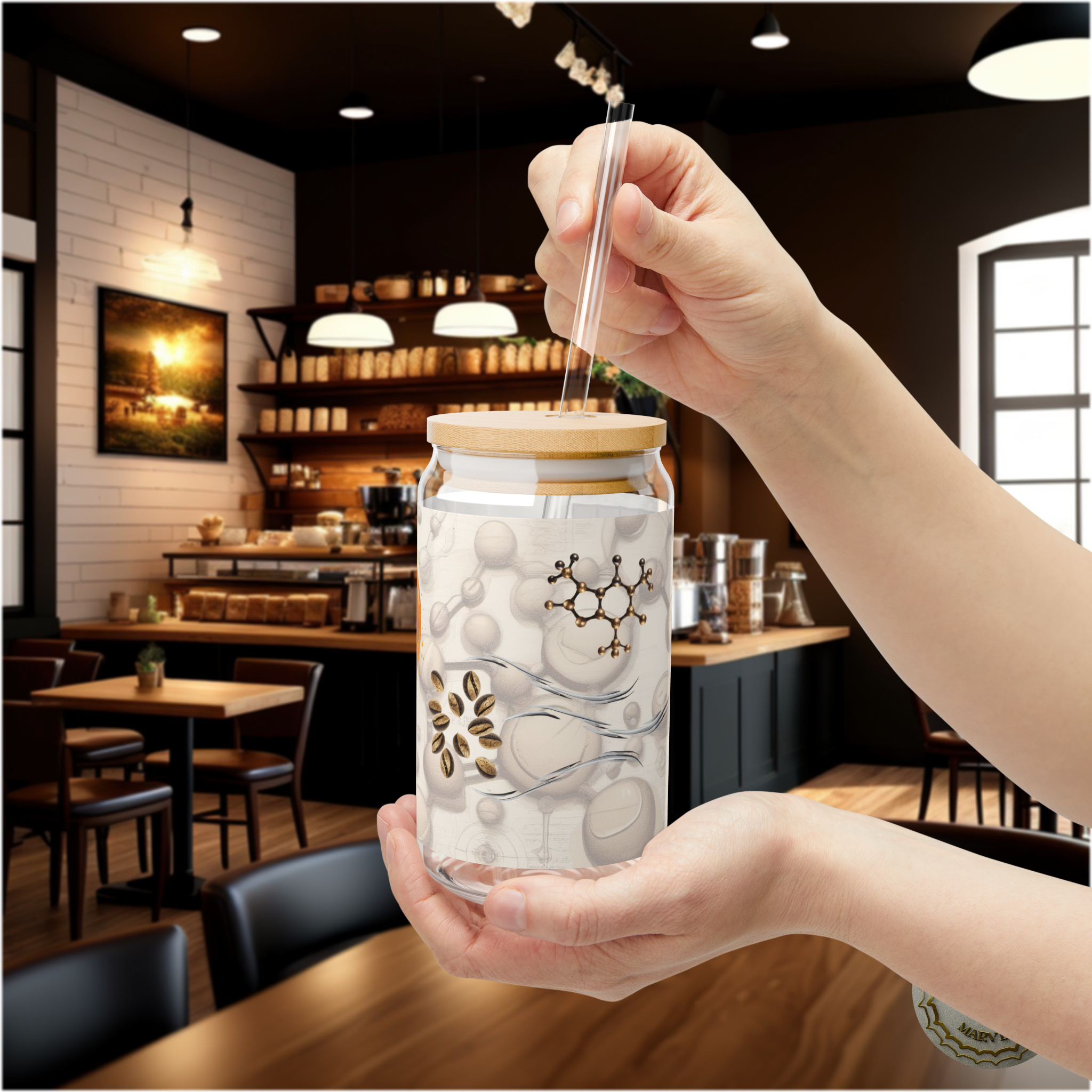 Coffee Girl Caffeine grains Molecule Sipper Glass, 16oz, Coffee - coffee Lover Gift- caffeine lover- science style - gift for her product thumbnail image Coffee Girl Caffeine grains Molecule Sipper Glass, 16oz, Coffee - coffee Lover Gift- caffeine lover- science style - gift for her product thumbnail image