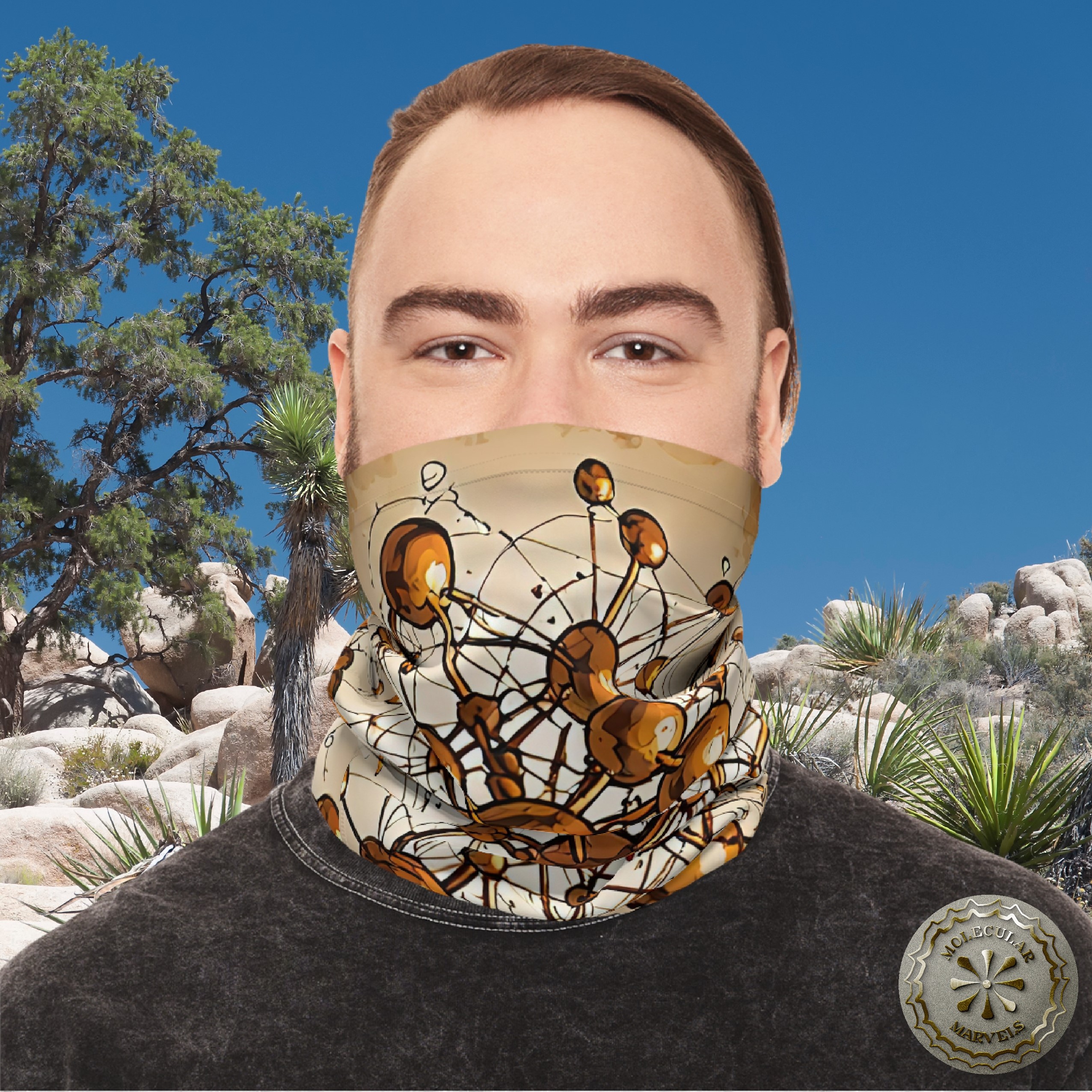 UPF 50+ Molecular ocre Lightweight Neck Gaiter- Biotechnology Gift- molecular biology style- science design - science vibes - atoms product thumbnail image UPF 50+ Molecular ocre Lightweight Neck Gaiter- Biotechnology Gift- molecular biology style- science design - science vibes - atoms product thumbnail image