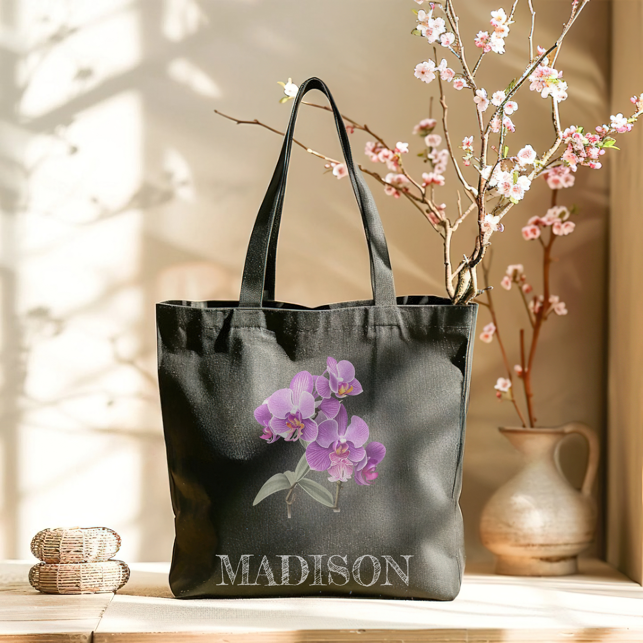 Orchid floral Personalized Canvas Tote Bag, Flower Tote Bag, Birthday gift for her, for mom, mom's day gift, stem flowers Orchid floral Personalized Canvas Tote Bag, Flower Tote Bag, Birthday gift for her, for mom, mom's day gift, stem flowers