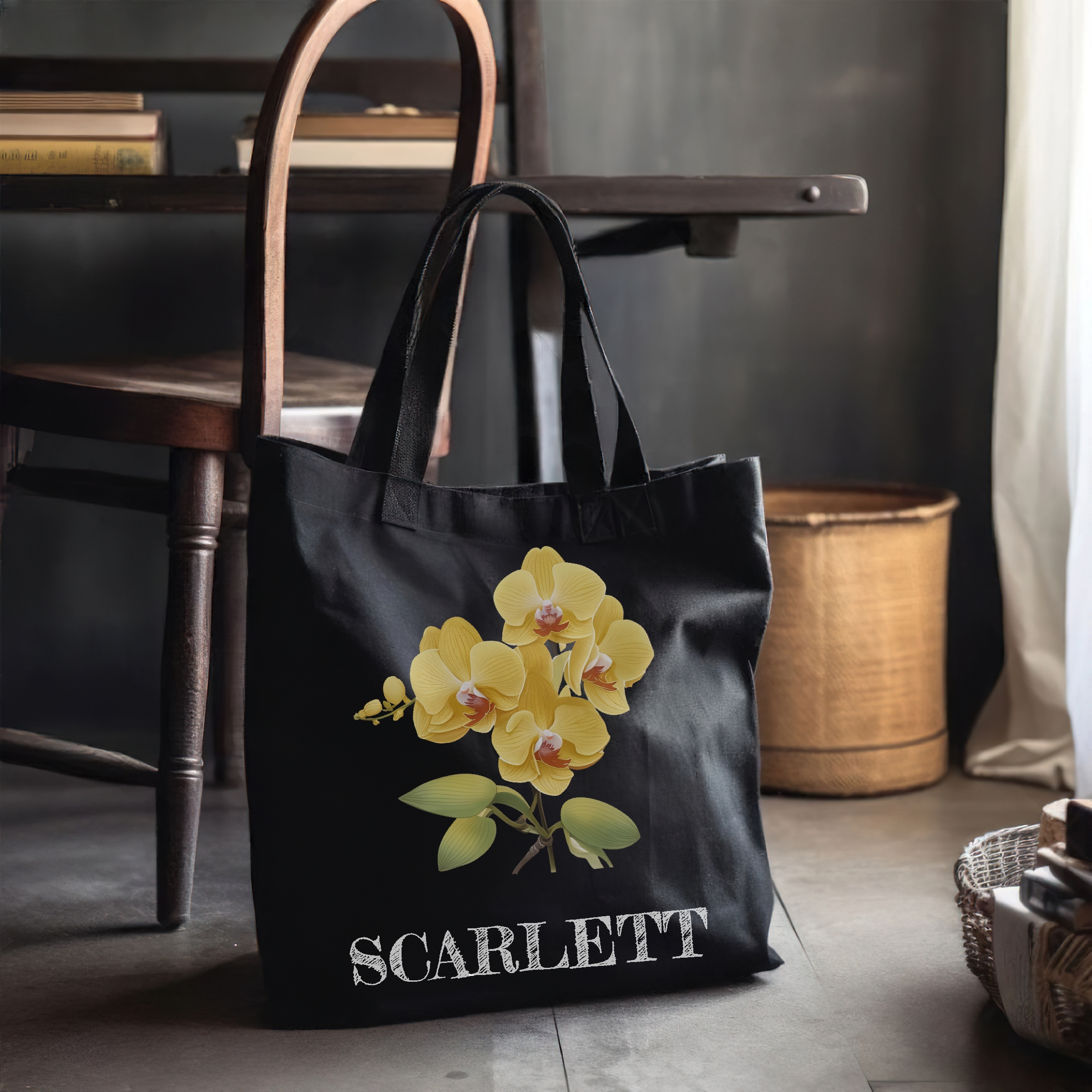 Yellow Orchid floral Personalized Canvas Tote Bag, Flower Tote Bag, Birthday gift for her, for mom, mom's day gift, stem flowers product thumbnail image Yellow Orchid floral Personalized Canvas Tote Bag, Flower Tote Bag, Birthday gift for her, for mom, mom's day gift, stem flowers product thumbnail image