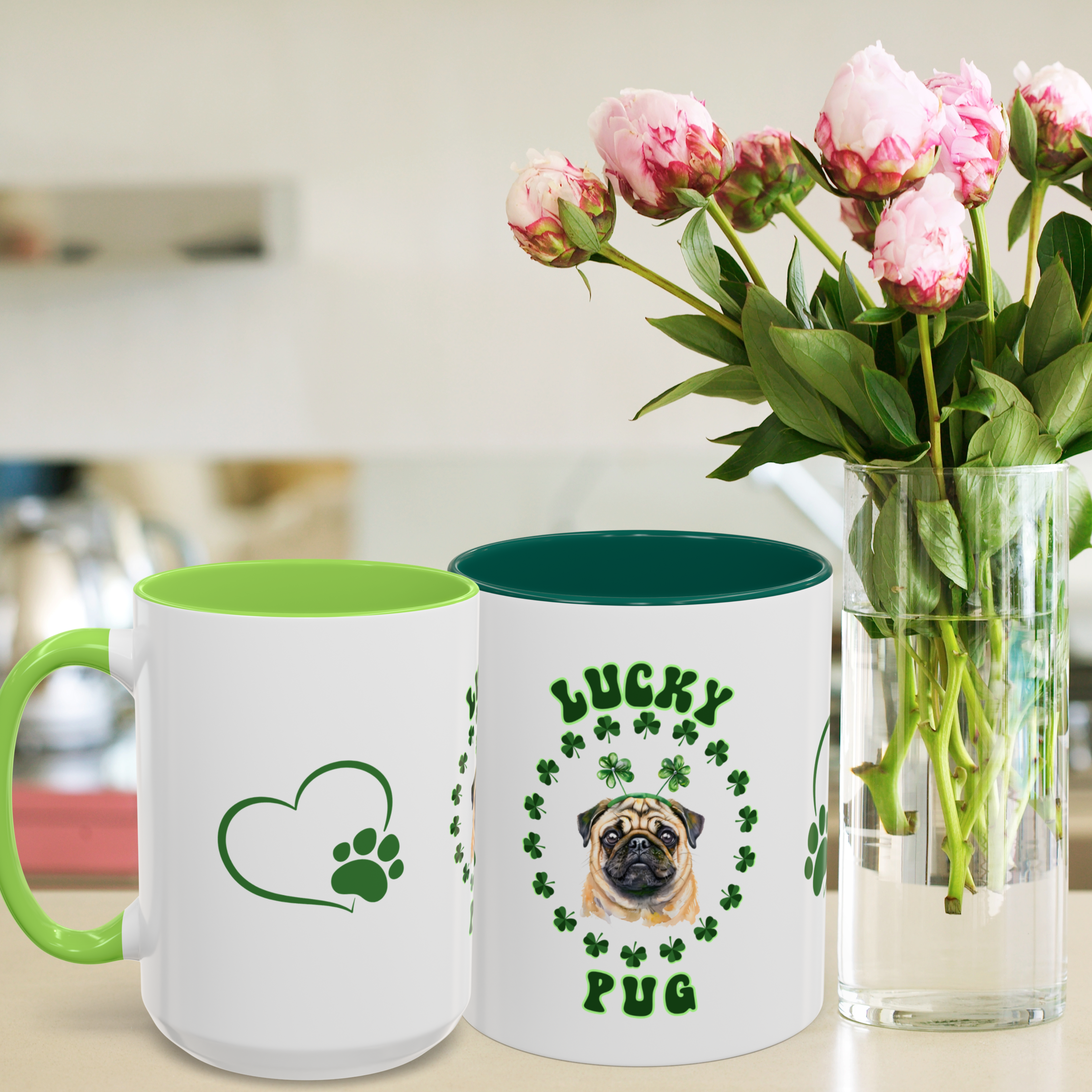 Lucky Pug St. Patrick’s Day Mug – Cute Shamrock Coffee Cup for Dog Lovers, Irish Gift, &amp; Funny Pug Drinkware (11oz &amp; 15oz)