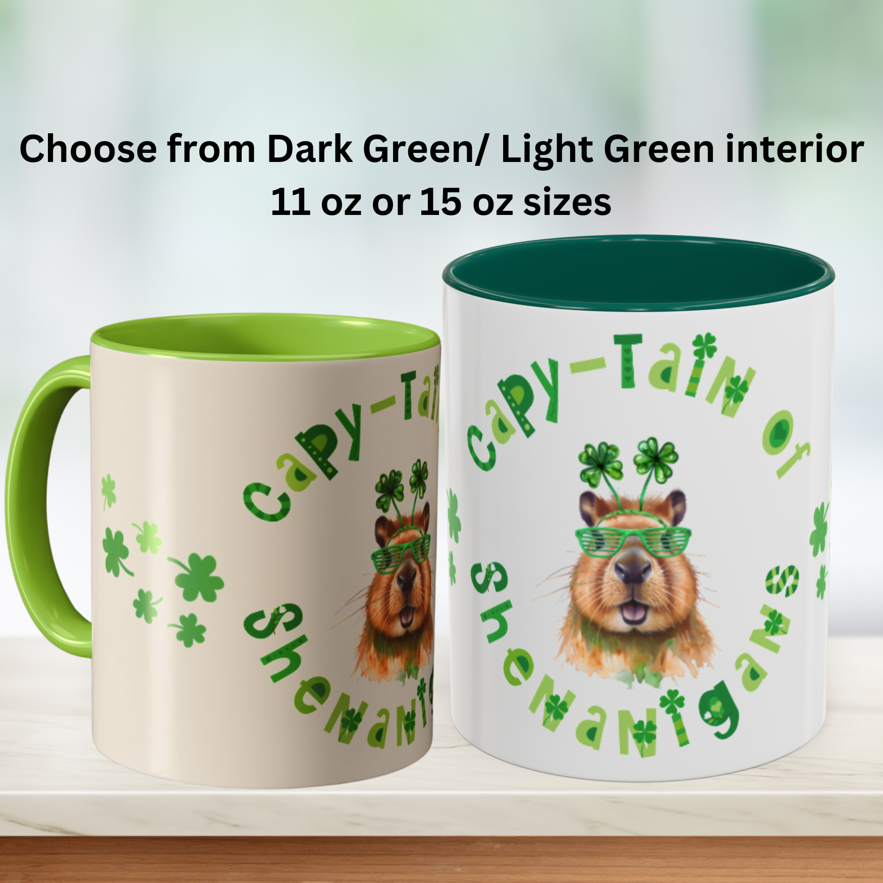 Capy-tain of Shenanigans Mug – Funny Capybara St. Patrick’s Day Coffee Cup, Irish Gift (11oz &amp; 15oz, Light Green or Dark Green Interior)