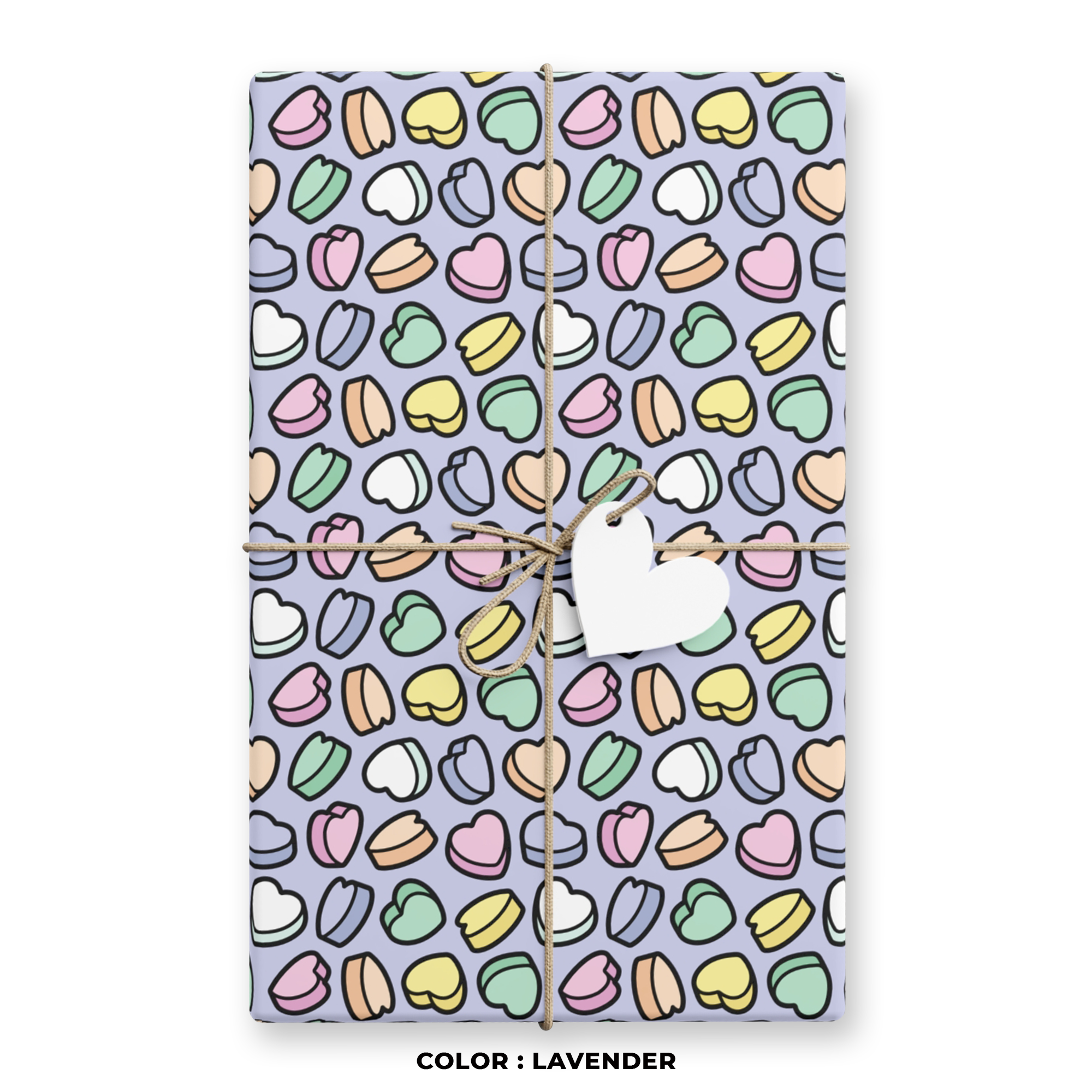 Candy Hearts Gift Wrap in Lavender product thumbnail image Candy Hearts Gift Wrap in Lavender product thumbnail image