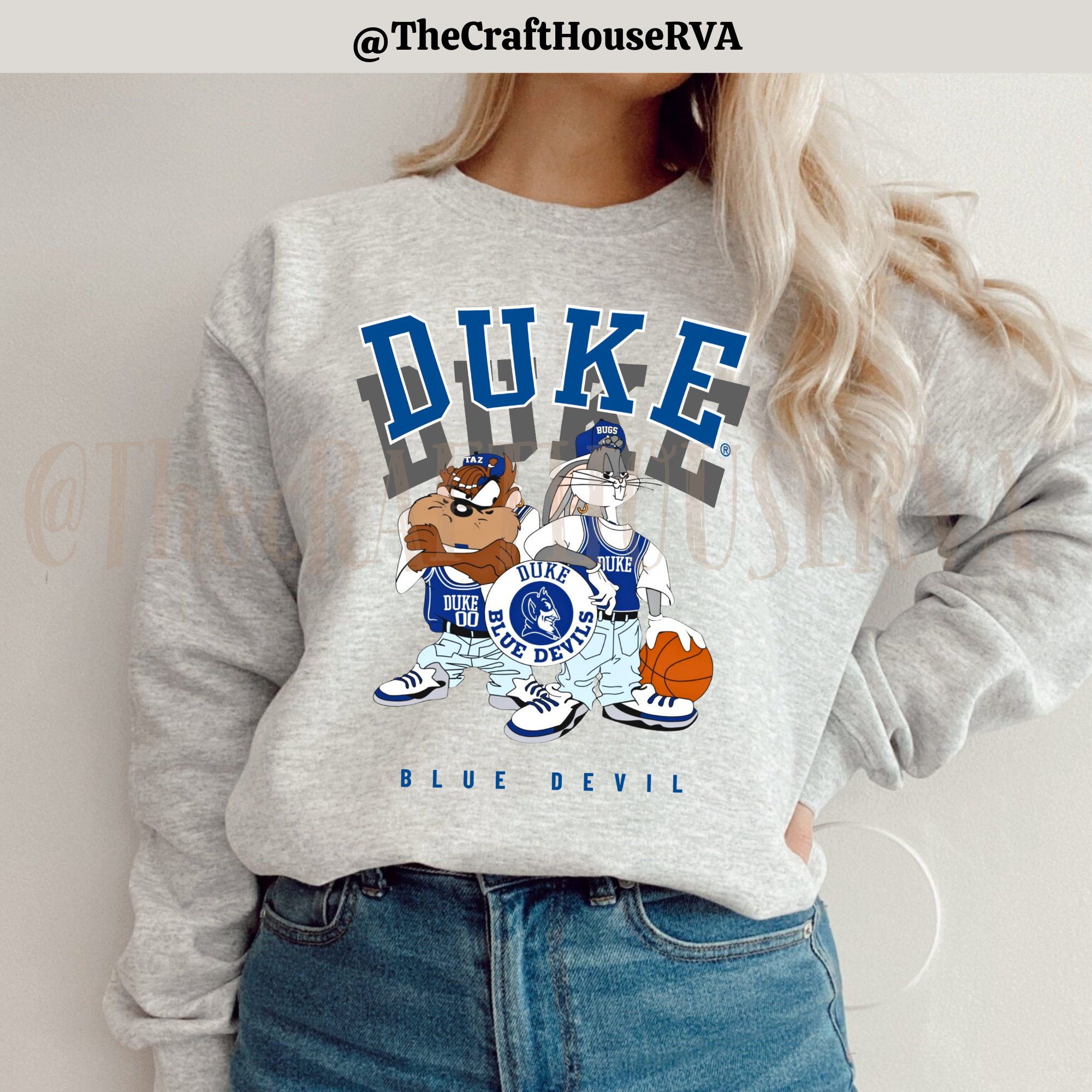 Blue Devils, basketball, college sports, vintage style Duke crewneck, bugs bunny retro style design, College sweatshirt product thumbnail image Blue Devils, basketball, college sports, vintage style Duke crewneck, bugs bunny retro style design, College sweatshirt product thumbnail image