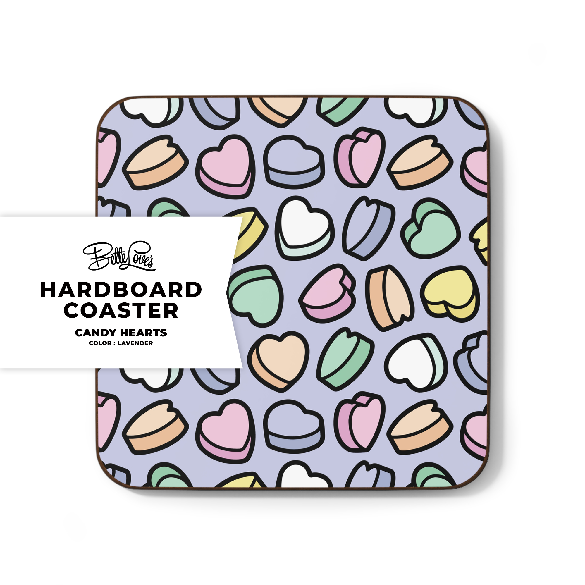 Candy Hearts Hardboard Coaster in Lavender Candy Hearts Hardboard Coaster in Lavender