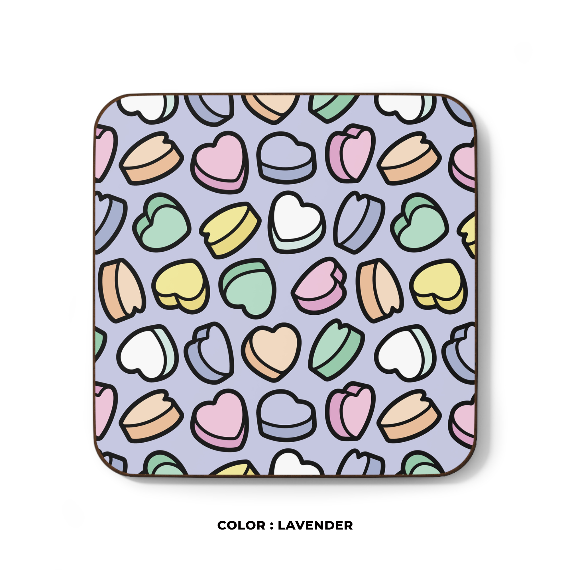 Candy Hearts Hardboard Coaster in Lavender product thumbnail image Candy Hearts Hardboard Coaster in Lavender product thumbnail image