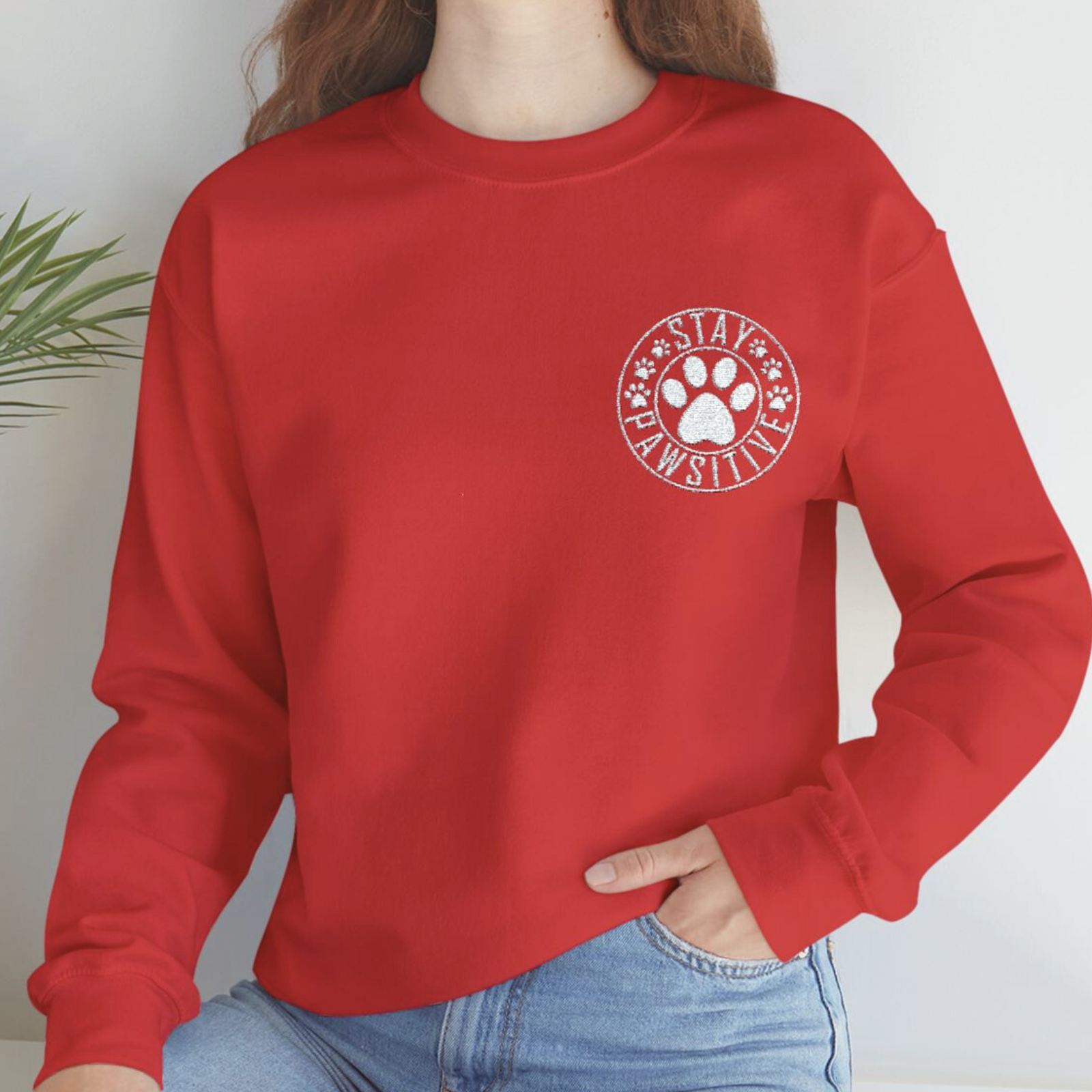 Stay Pawsitive Embroidered Unisex Crewneck Sweatshirt for Animal Lovers Stay Pawsitive Embroidered Unisex Crewneck Sweatshirt for Animal Lovers