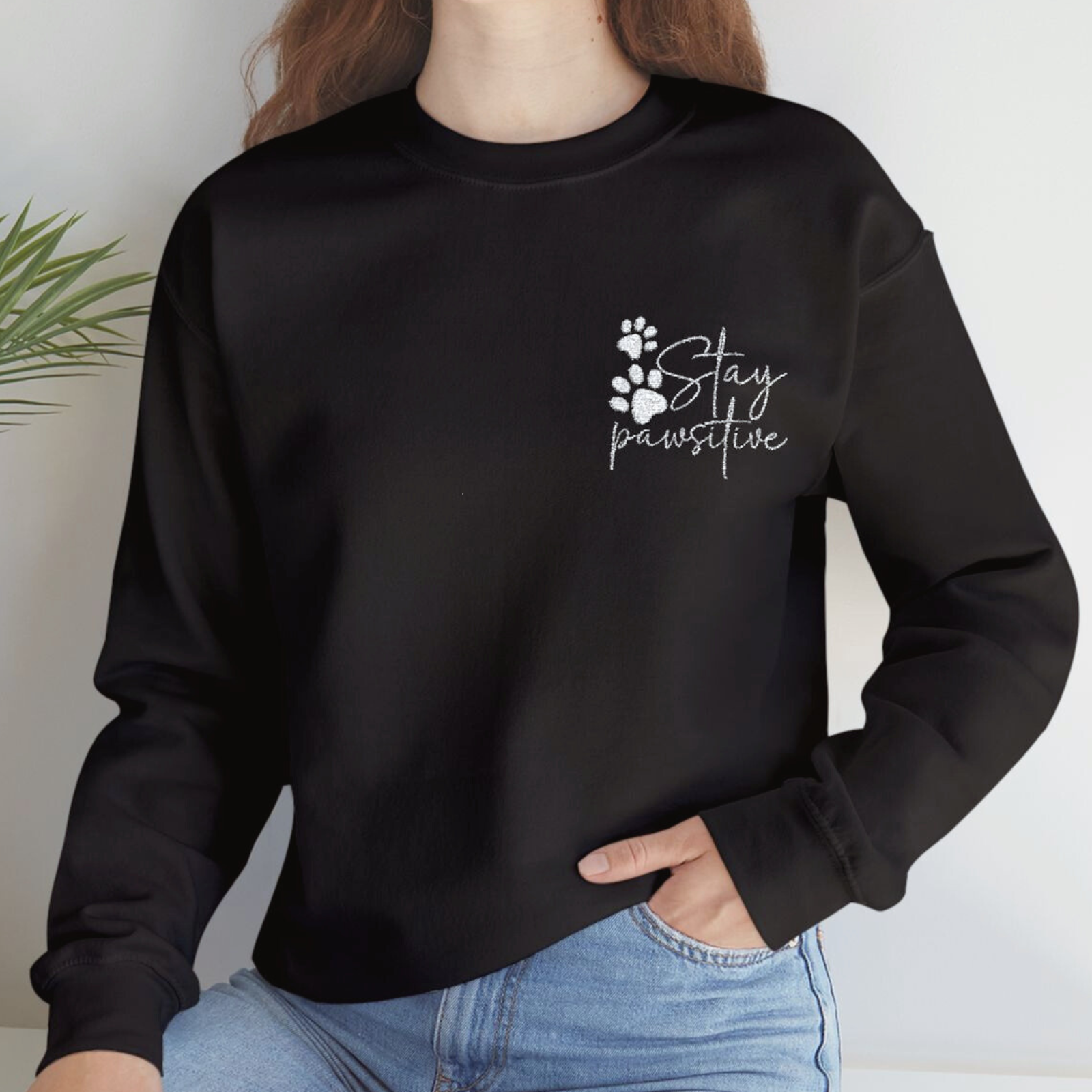 Stay Pawsitive Embroidered Unisex Crewneck Sweatshirt for Animal Lovers Stay Pawsitive Embroidered Unisex Crewneck Sweatshirt for Animal Lovers