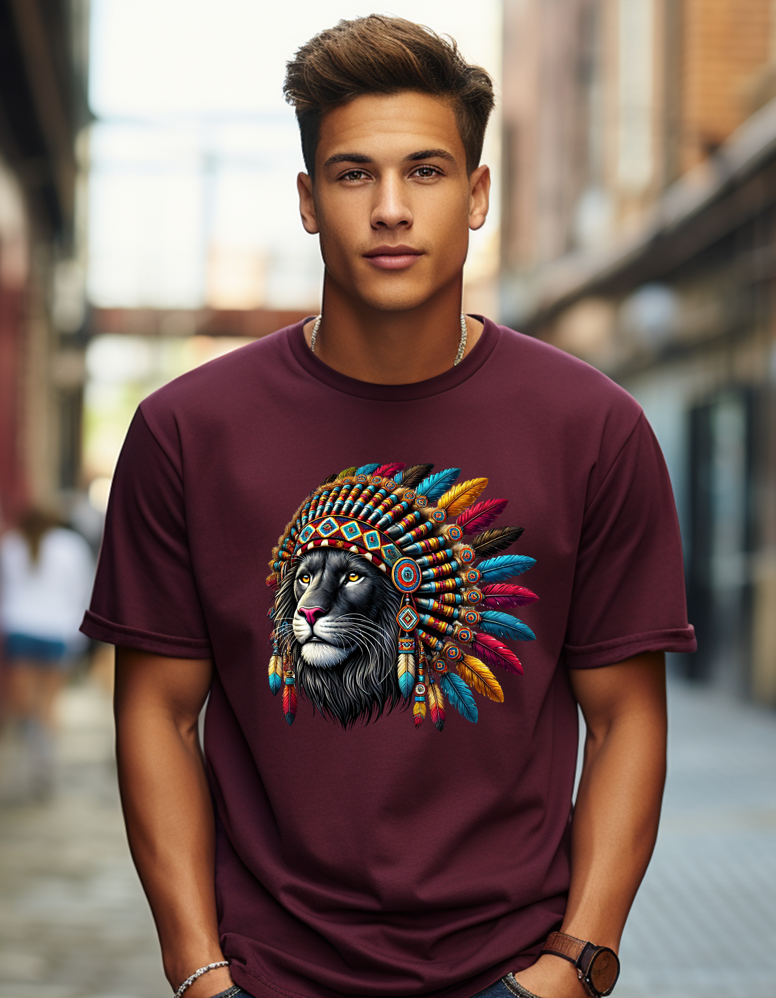 Native Lion T-Shirt - Unisex Garment-Dyed Tee, Tribal Art, Nature Lover's Gift, Festival Clothing, Unique Animal Shirt, Spirit Wear