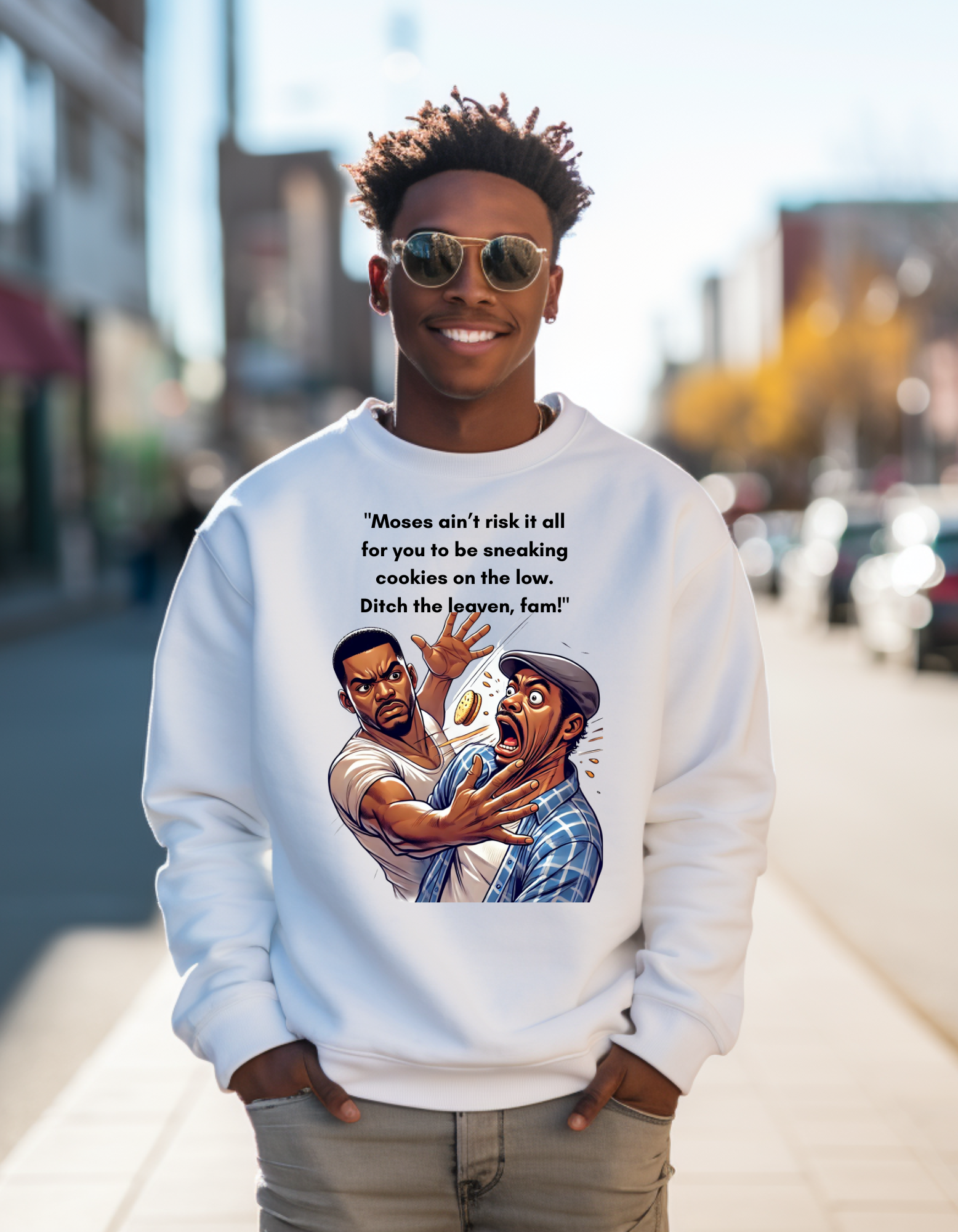 Funny Crewneck Sweatshirt - "Moses Ain't Risk It" Cookie Humor