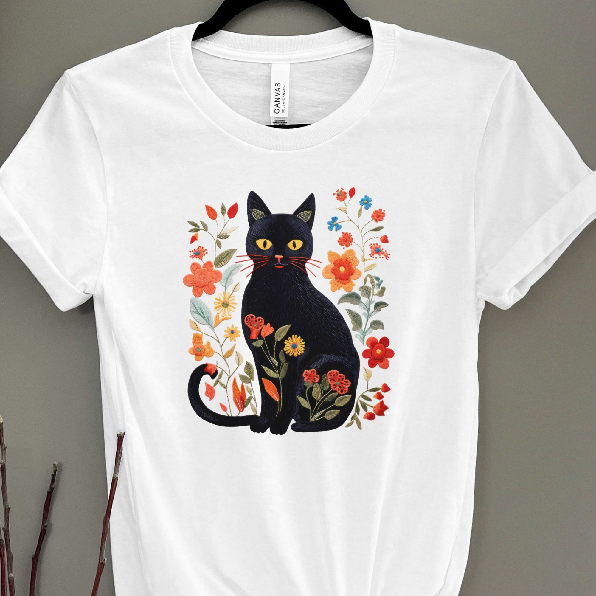 Embroidery-Style Black Cat and Flowers Shirt product thumbnail image