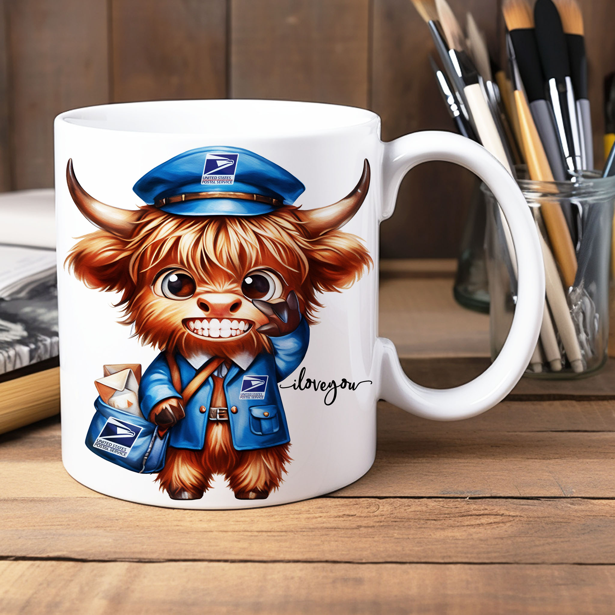 Postal Service Highland Cattle ILY ASL American Sign Language I Love You Ceramic Mug, (11oz, 15oz) product thumbnail image