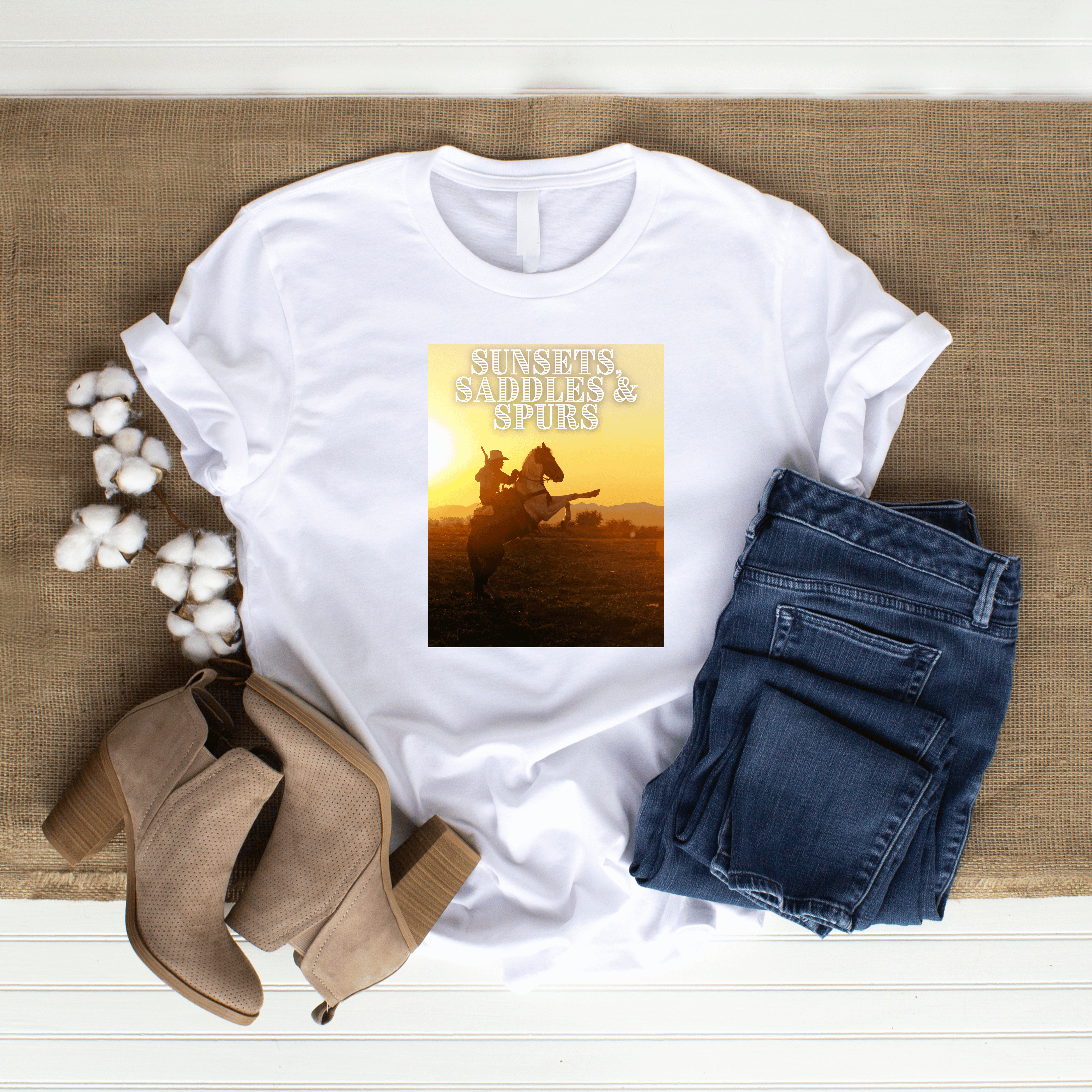 Sunsets, Saddles & Spurs Women's Softstyle Tee, Rodeo Lover Gift, Western Style Shirt, Cowgirl Graphic Tee, Horse Riding Silhouette Shirt product thumbnail image Sunsets, Saddles & Spurs Women's Softstyle Tee, Rodeo Lover Gift, Western Style Shirt, Cowgirl Graphic Tee, Horse Riding Silhouette Shirt product thumbnail image