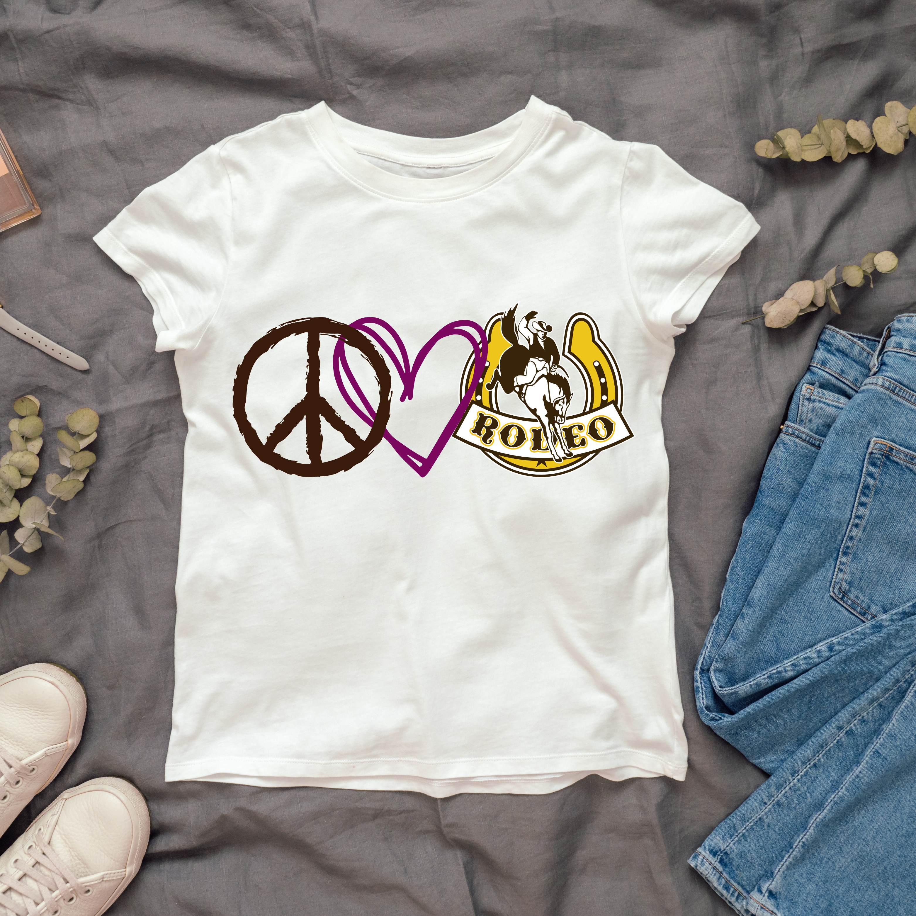 Peace, Love, Rodeo Tee – Ride in Style! 🤠❤️🐂 product thumbnail image Peace, Love, Rodeo Tee – Ride in Style! 🤠❤️🐂 product thumbnail image
