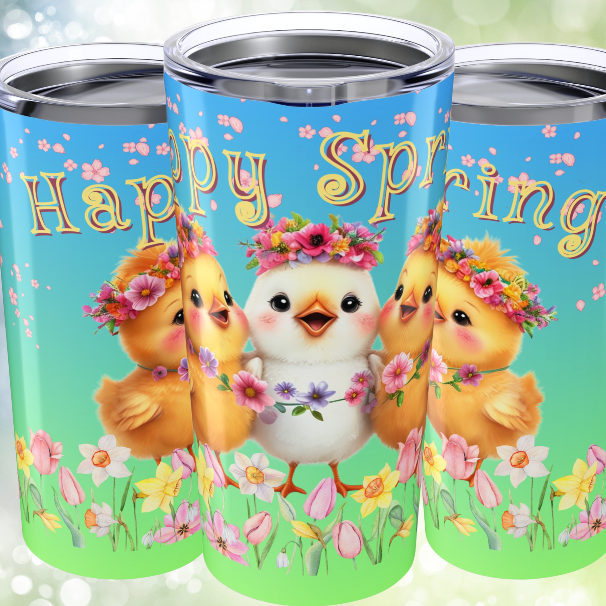 Happy Spring Tumbler 20oz - Cute Chick Floral Insulated Cup, Stainless Steel Travel Mug, Easter Gift, Mother's Day Drinkware, Spring Coffee Cup
