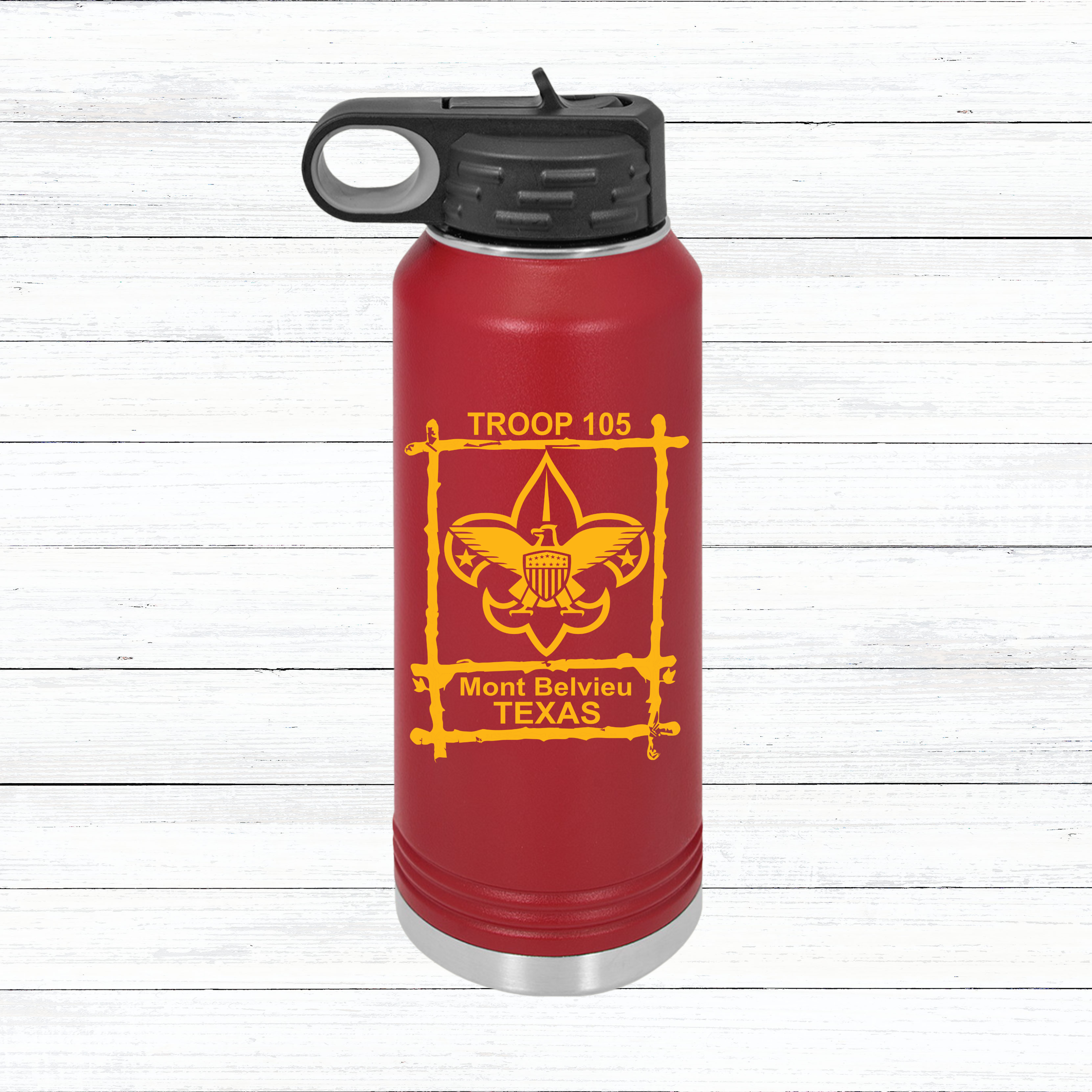 Personalized 32oz Water Bottle for Troop 105 - Eco-Friendly Outdoor Gear. Personalized 32oz Water Bottle for Troop 105 - Eco-Friendly Outdoor Gear.