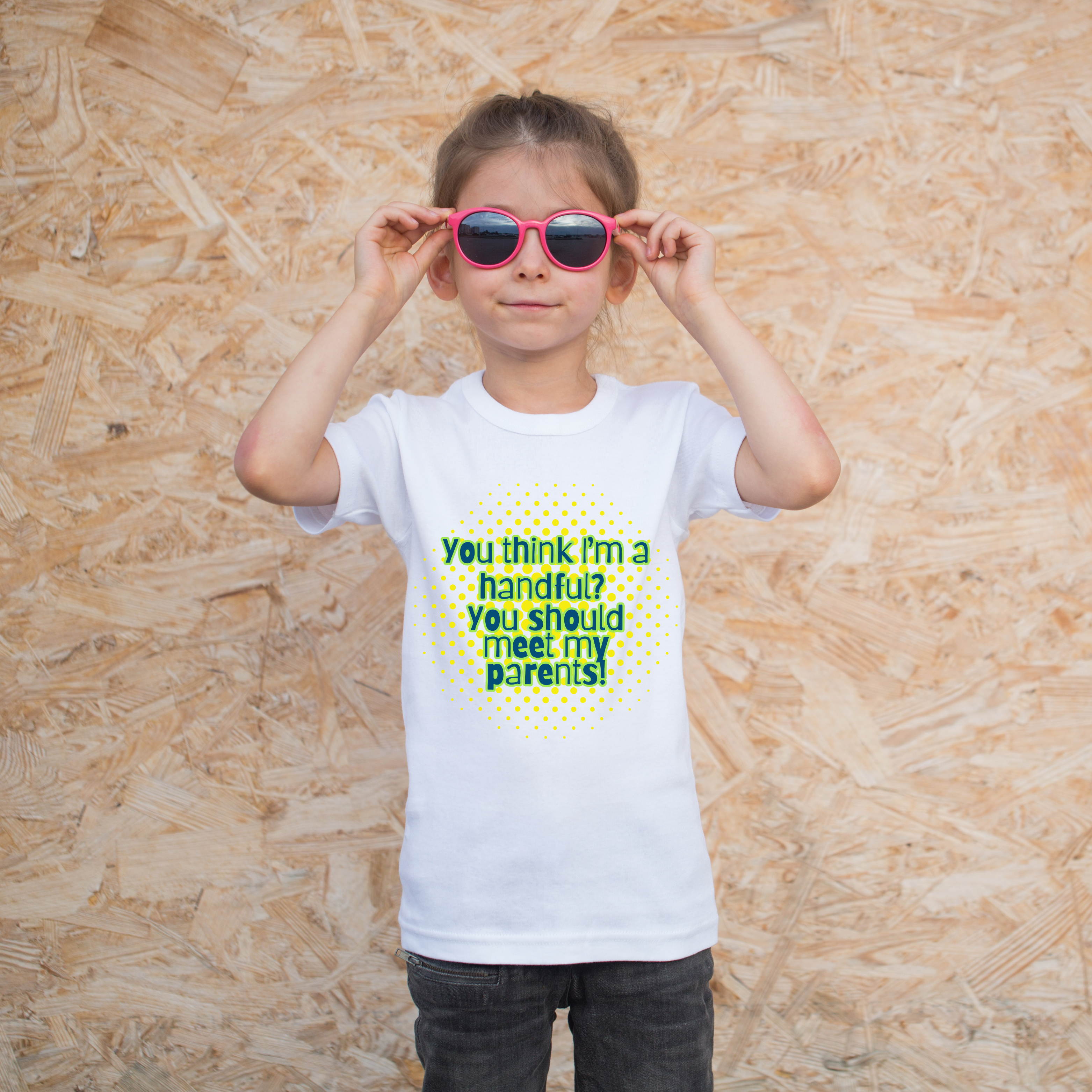 Humorous Toddler Tee - "You Think I’m a Handful? You Should Meet My Parents!" product thumbnail image Humorous Toddler Tee - "You Think I’m a Handful? You Should Meet My Parents!" product thumbnail image