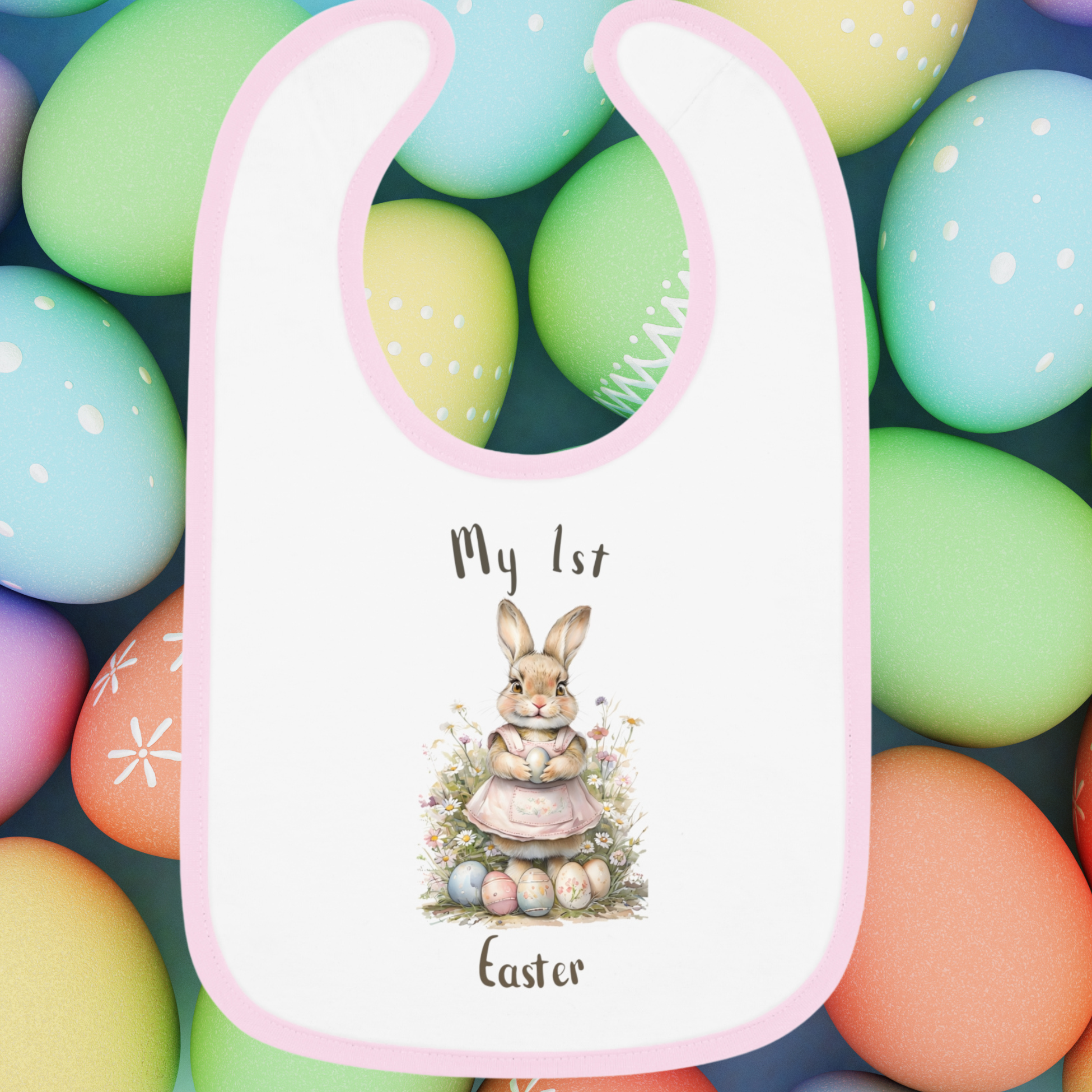 My First Easter Pink Edging Baby Bib Cute Bunny Cotton Bib Infant Easter Outfit Gift Newborn Feeding Bib Holiday Baby Shower Gift