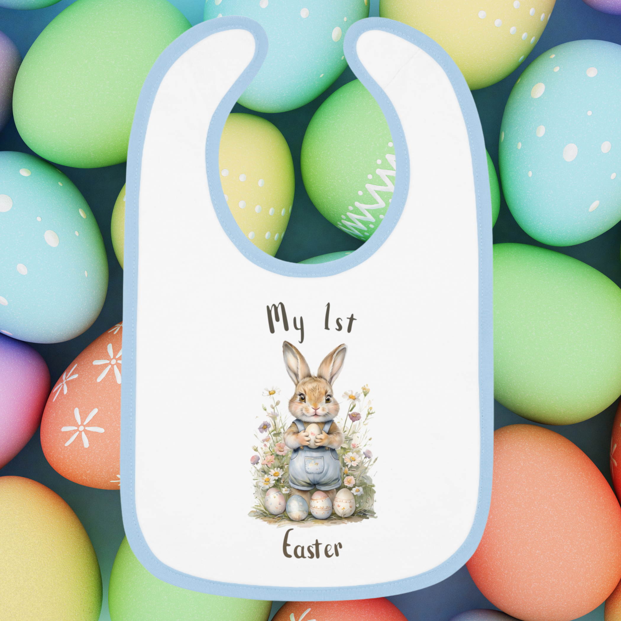 My First Easter Baby Bib Blue Edging Cute Bunny Cotton Bib Infant Easter Outfit Gift Newborn Feeding Bib Holiday Baby Shower Gift