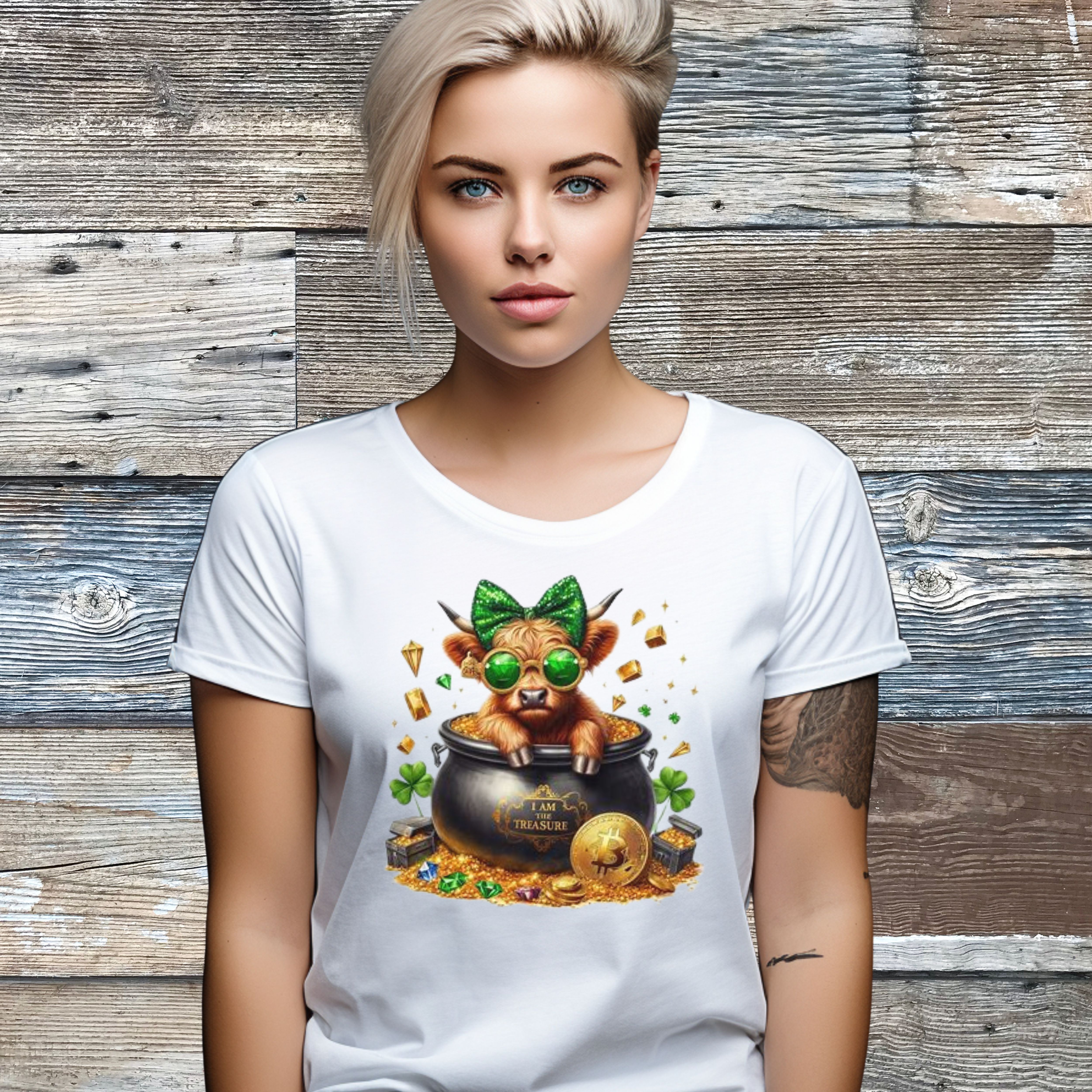 St. Patrick's Day Cotton Tee - Highland Cow Sitting in Pot of Gold product thumbnail image St. Patrick's Day Cotton Tee - Highland Cow Sitting in Pot of Gold product thumbnail image