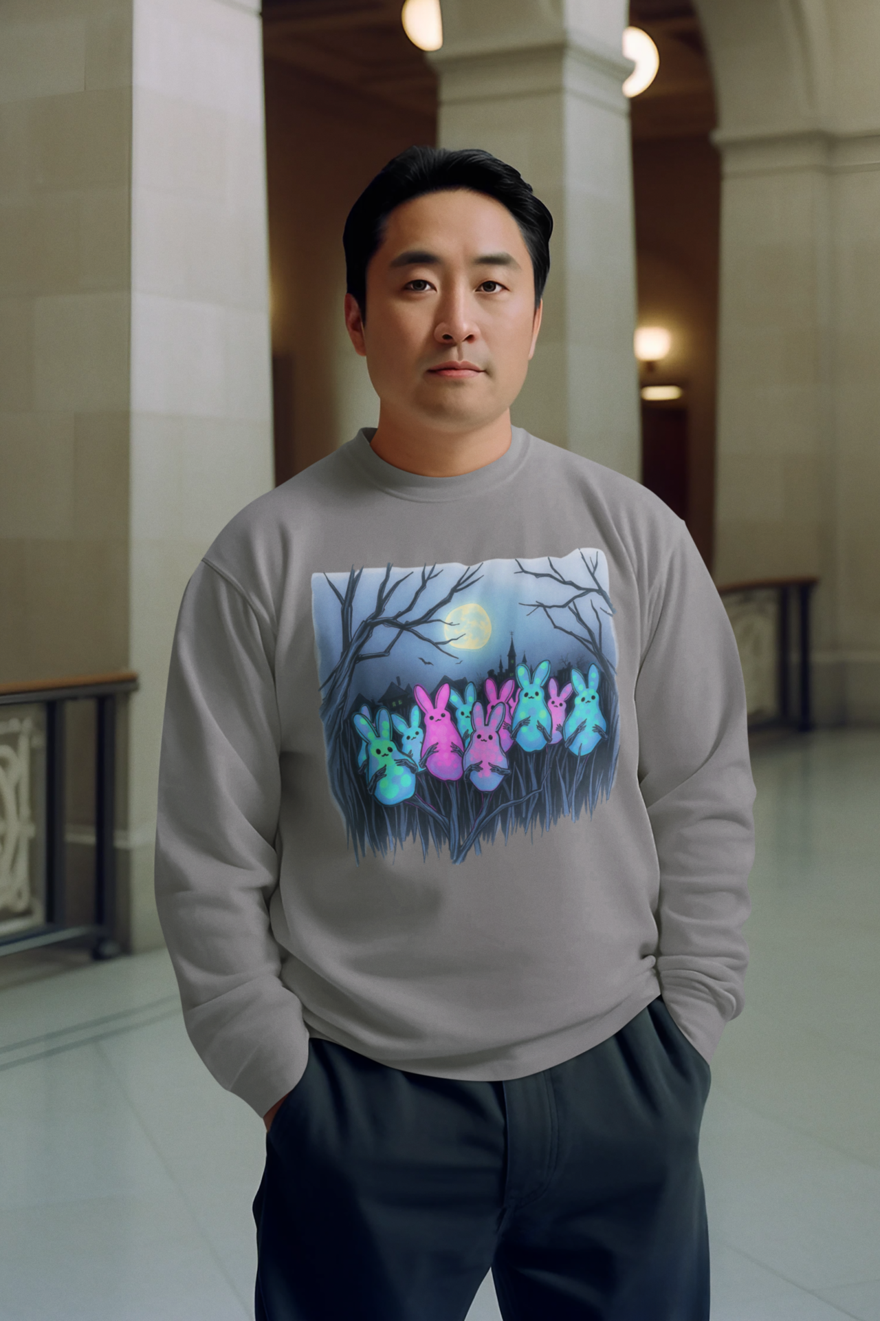 Moonlit Bunny Sweatshirt, Cozy Spring Sweatshirt, Easter Gift, Unisex Pullover, Garment-Dyed Sweatshirt product thumbnail image